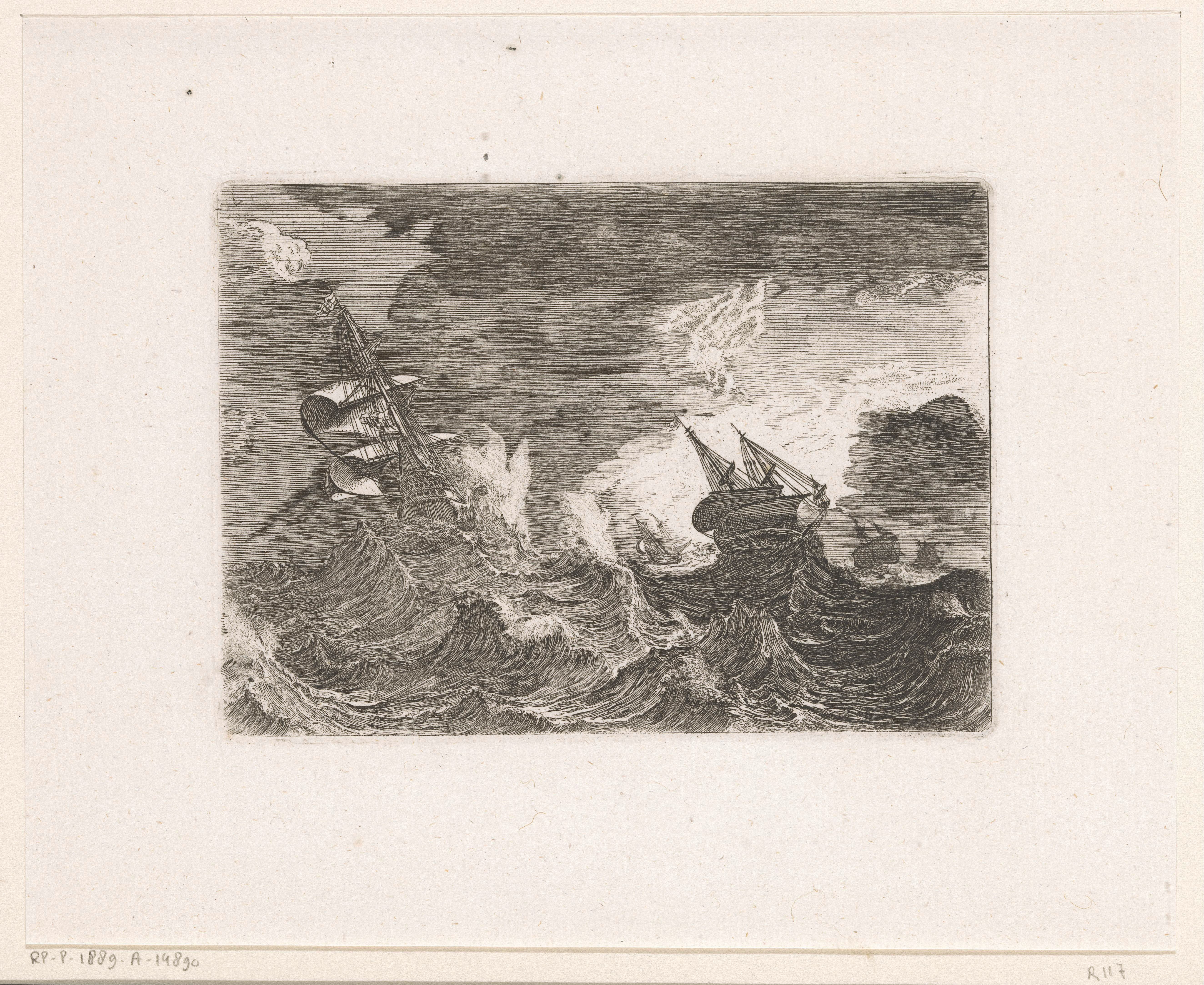 Vijf zeilschepen op zee tijdens een storm