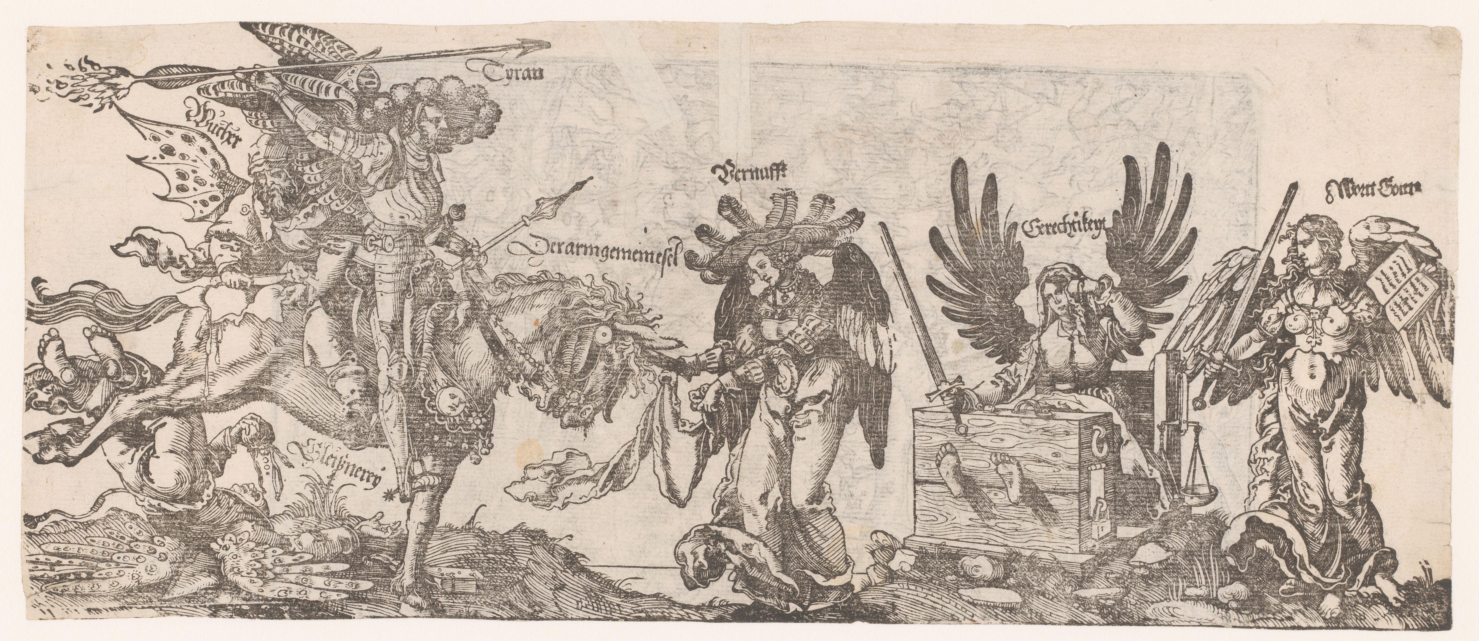 Allegorie met strijd van Tirannie, Woeker en Hypocrisie tegen Verstand, Gerechtigheid en het Woord Gods