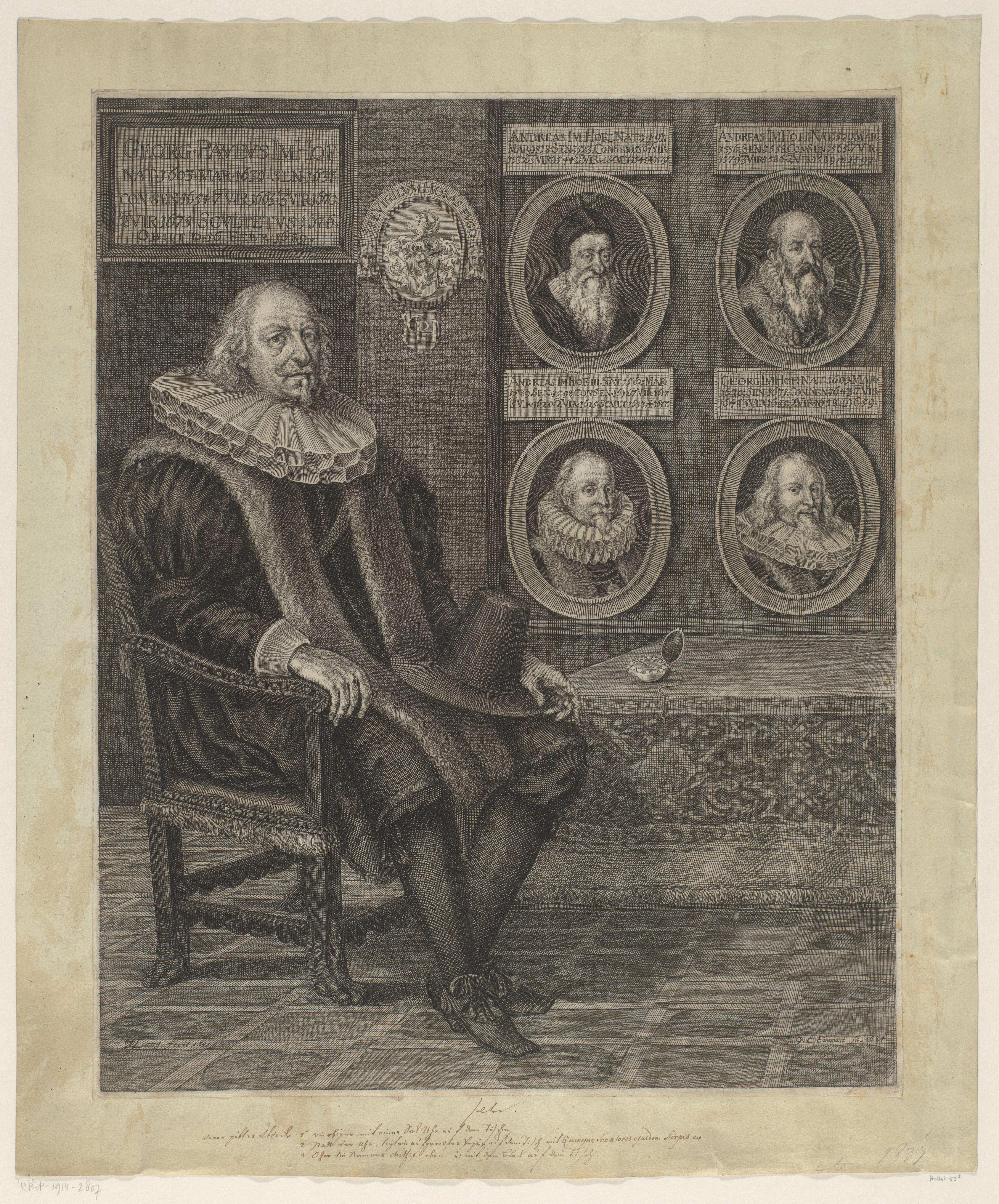 Portret van raadslid Georg Paulus Imhoff, zittend voor de portretten van zijn voorgangers