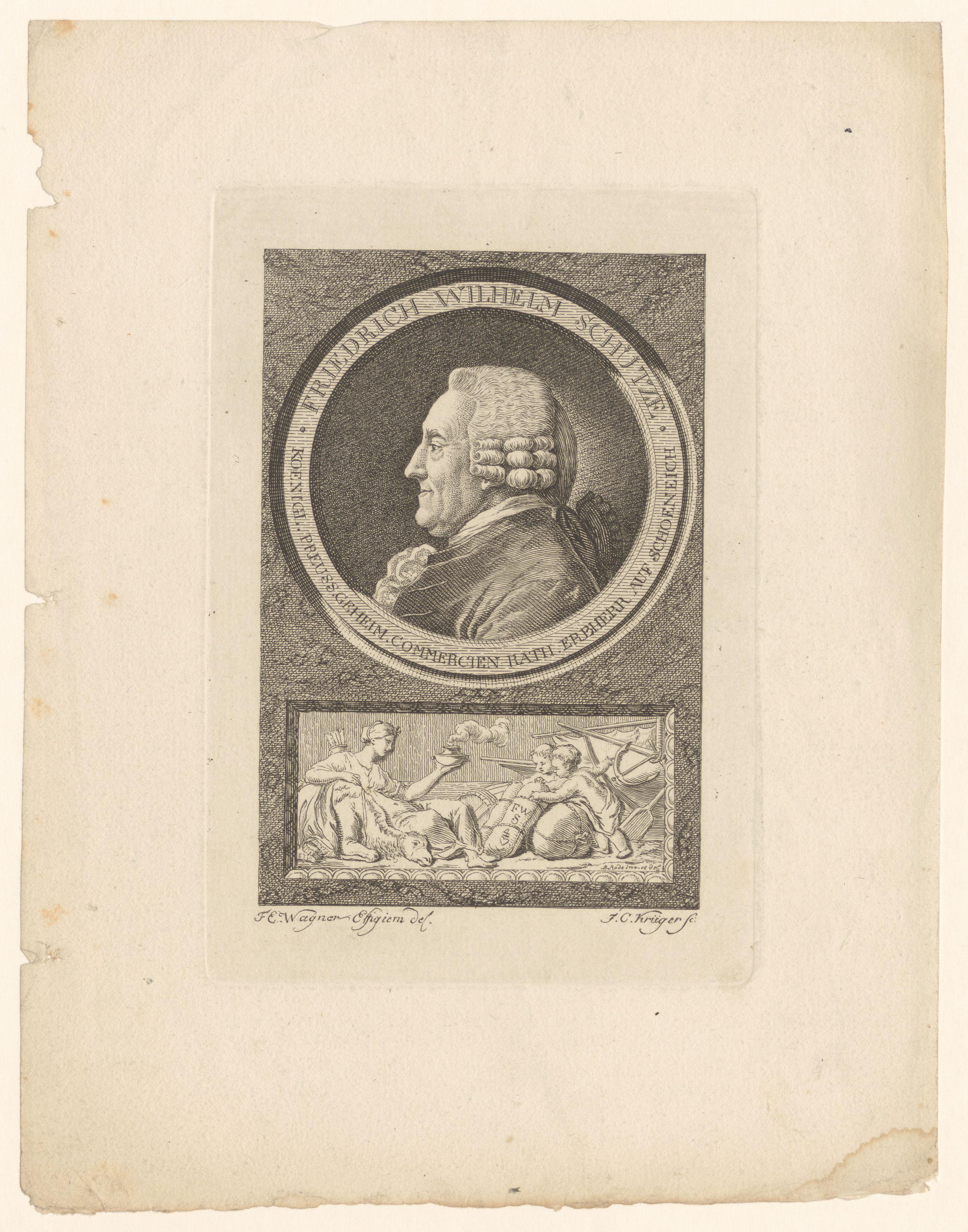Portret van Friedrich Wilhelm Schütze met allegorie op de handel