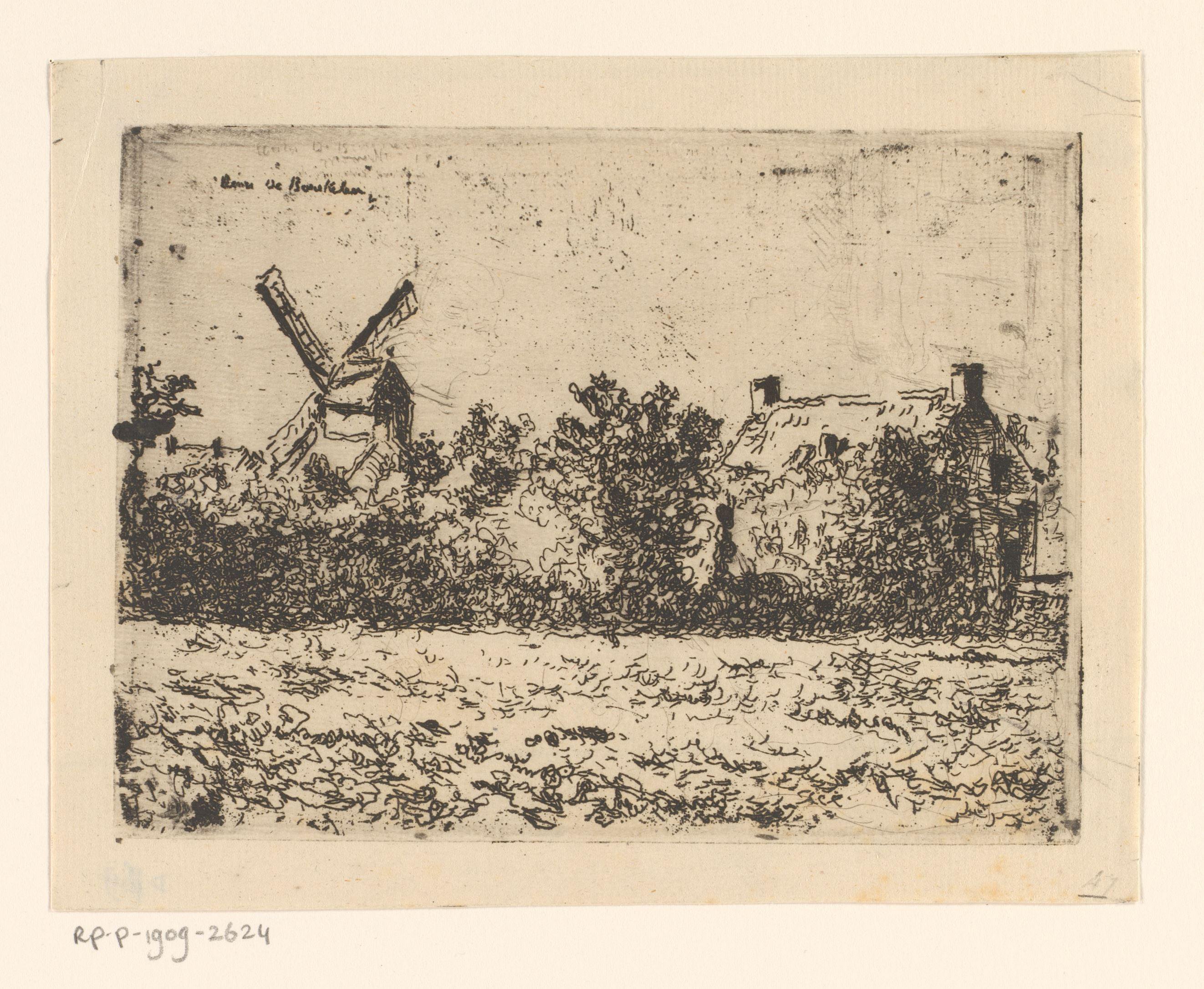 Landschap met molen en huis