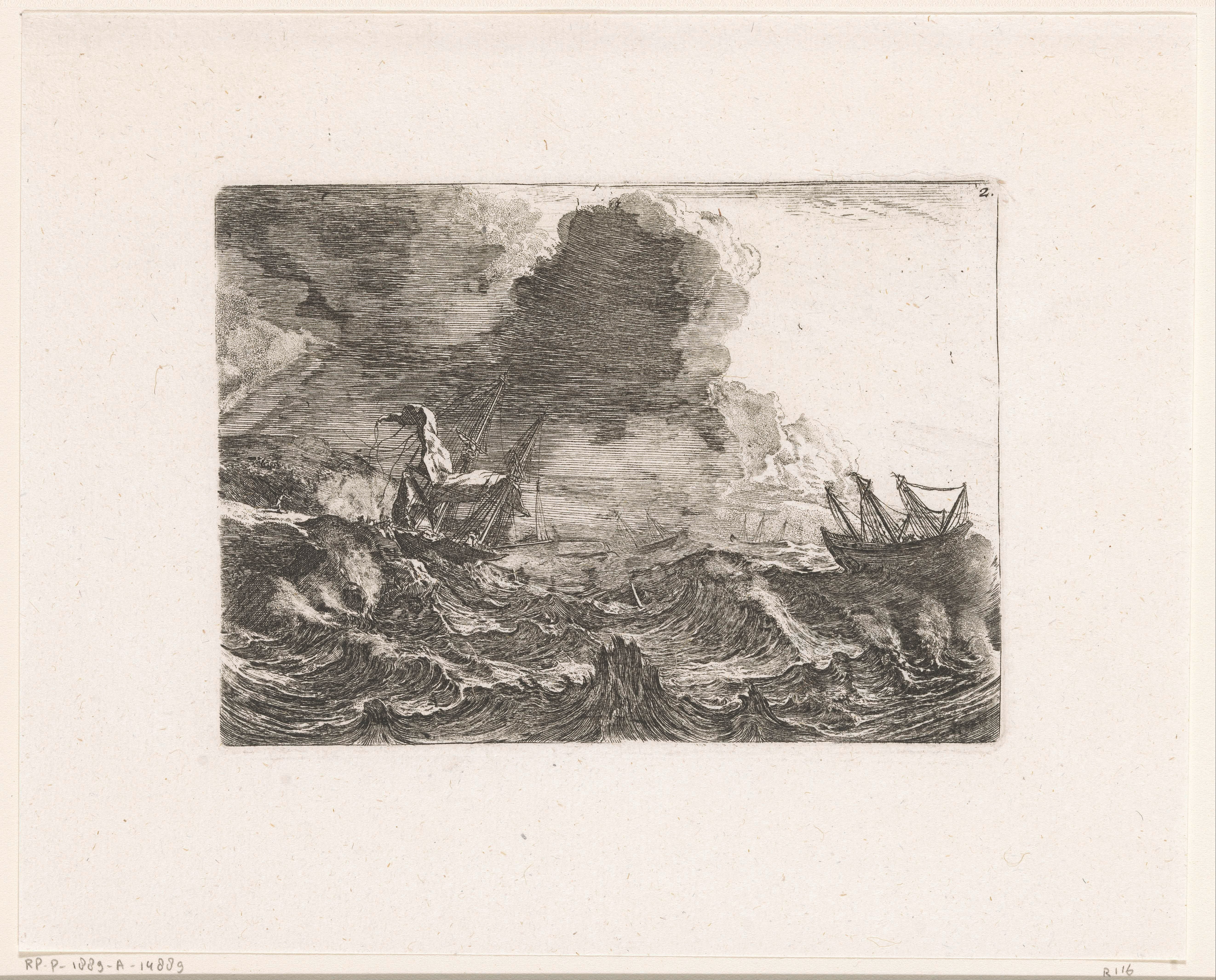 Schepen in een storm op zee, een schip gestrand op de rotsen