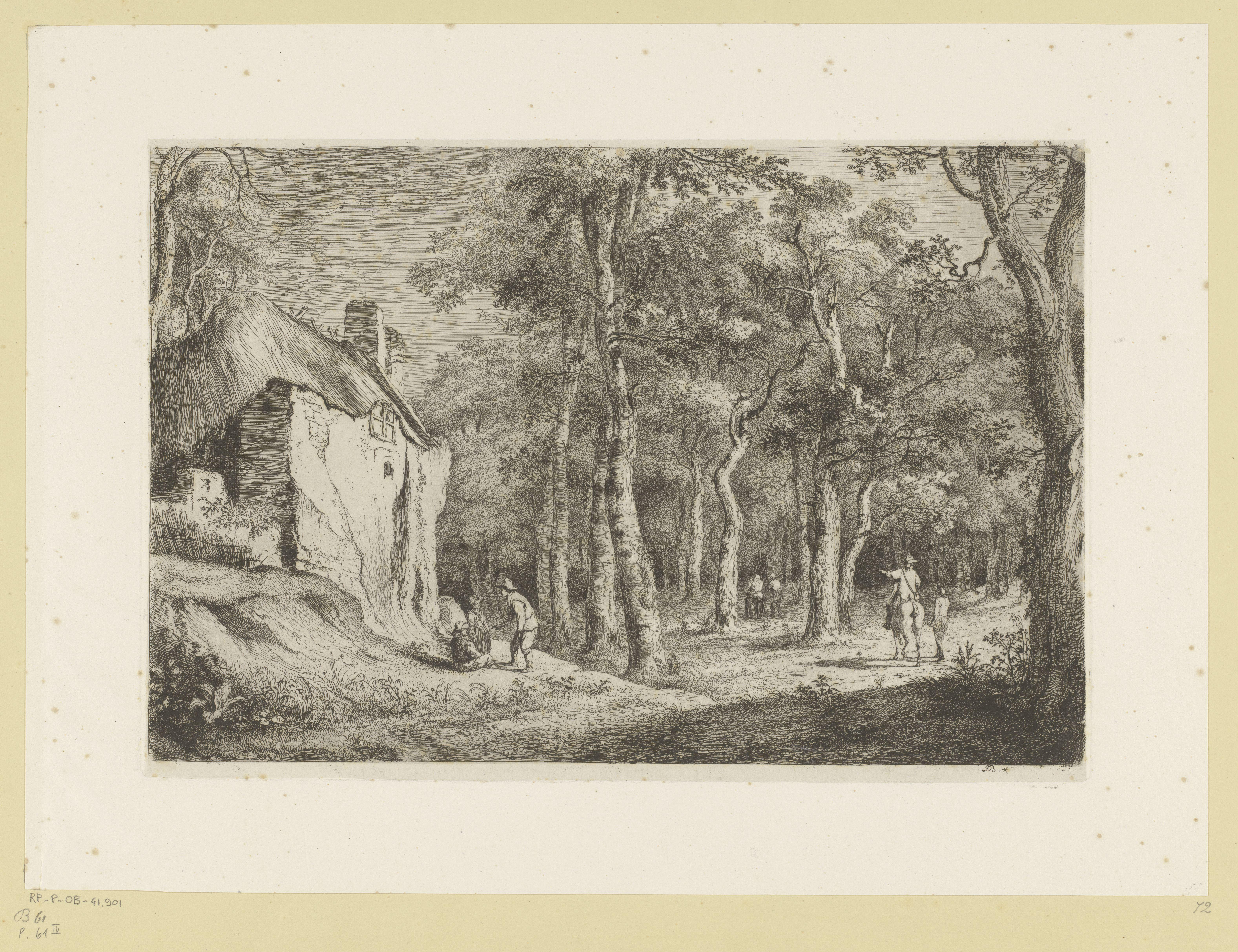 Boslandschap met figuren bij een huis