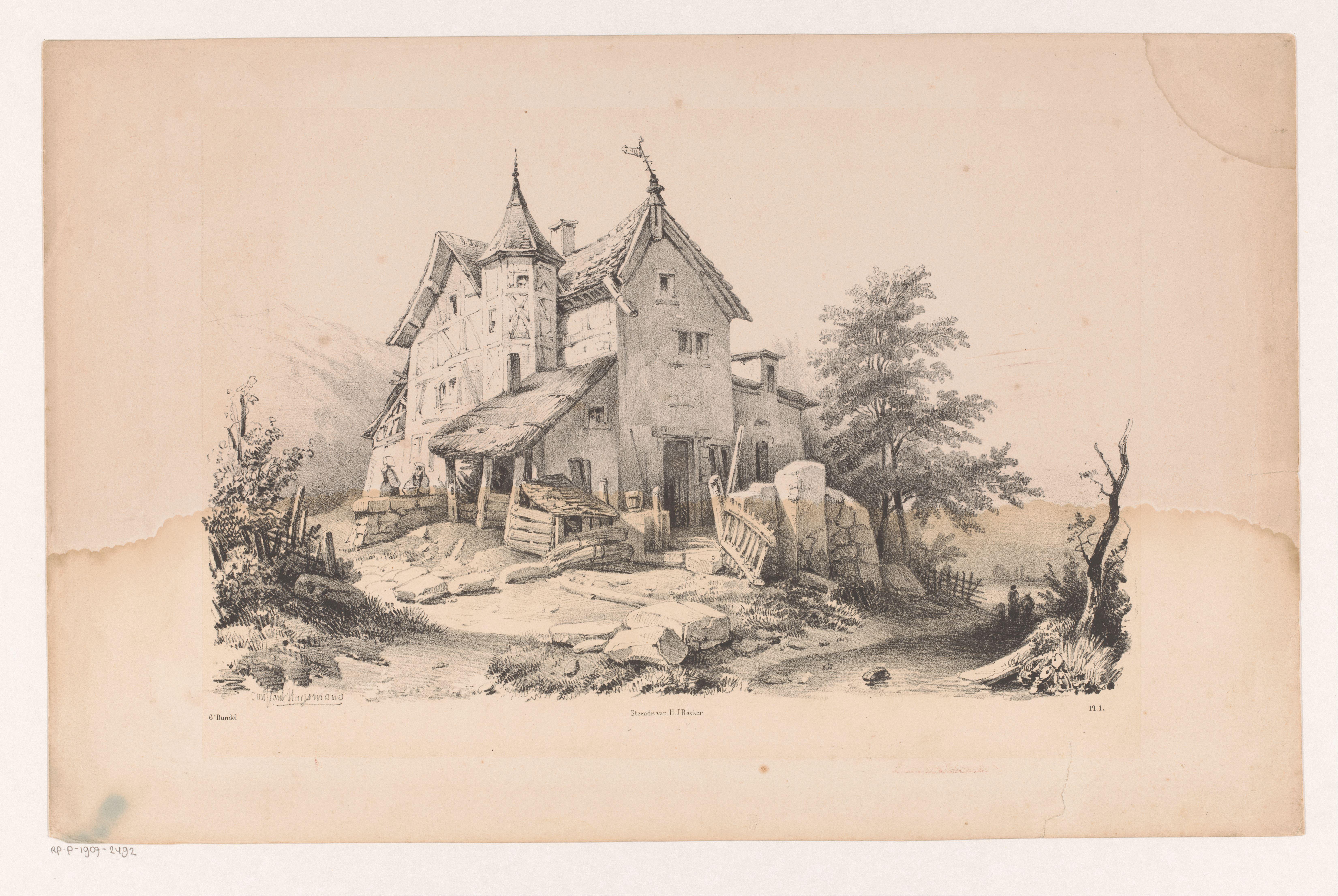 Biddende figuren in een landschap