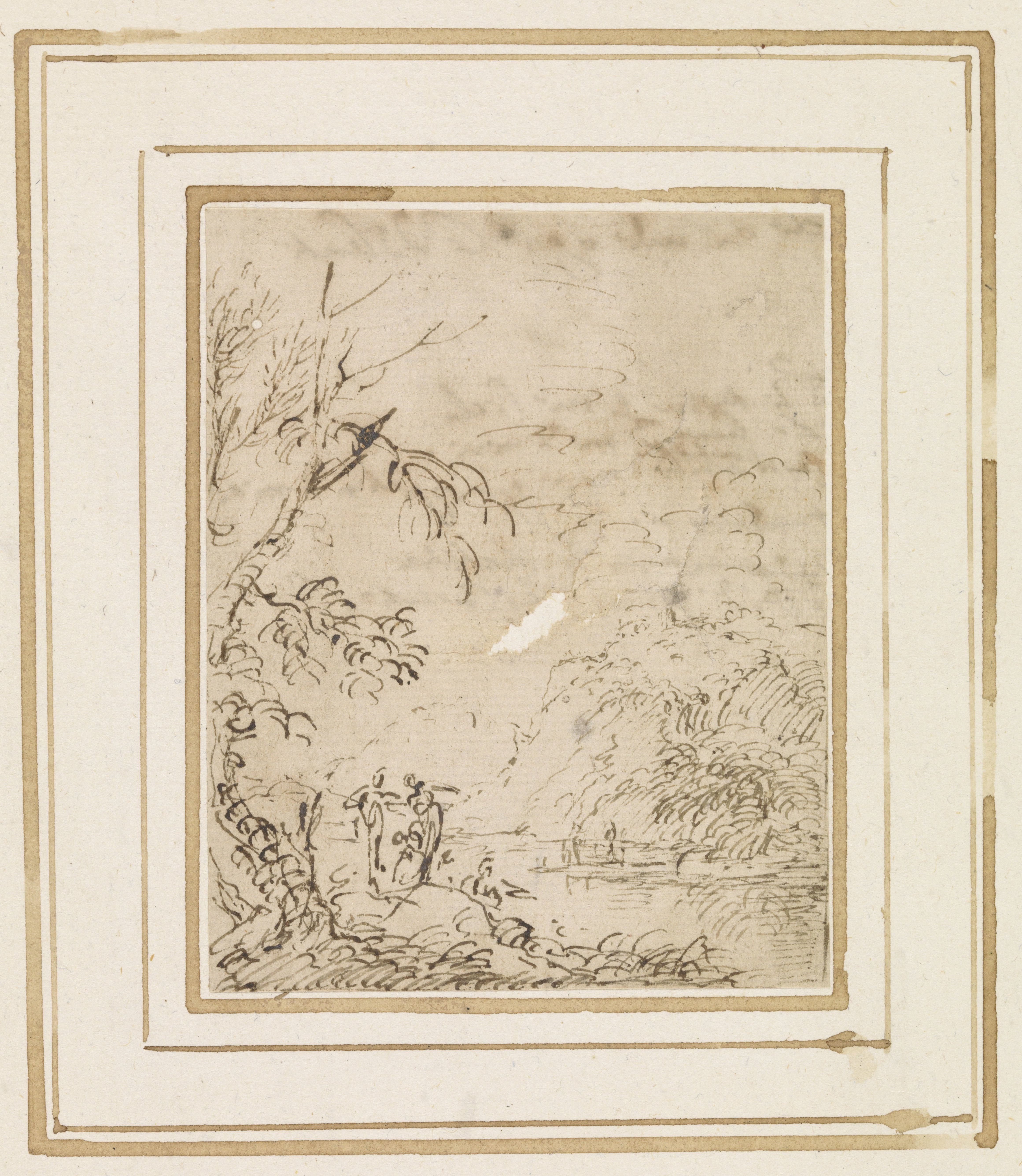 Landschap met figuren bij een vijver