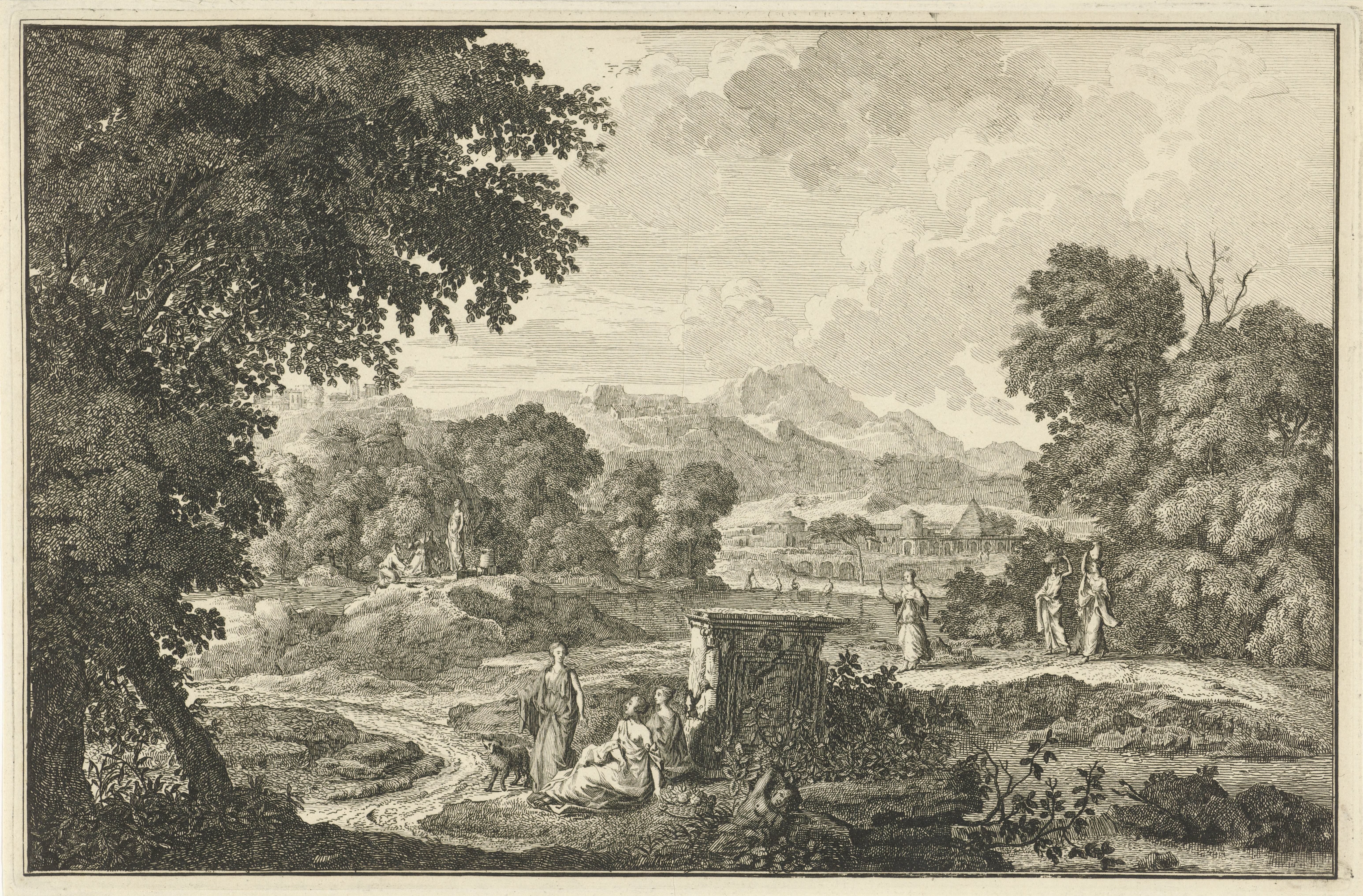 Arcadisch landschap met zes vrouwen bij een tombe