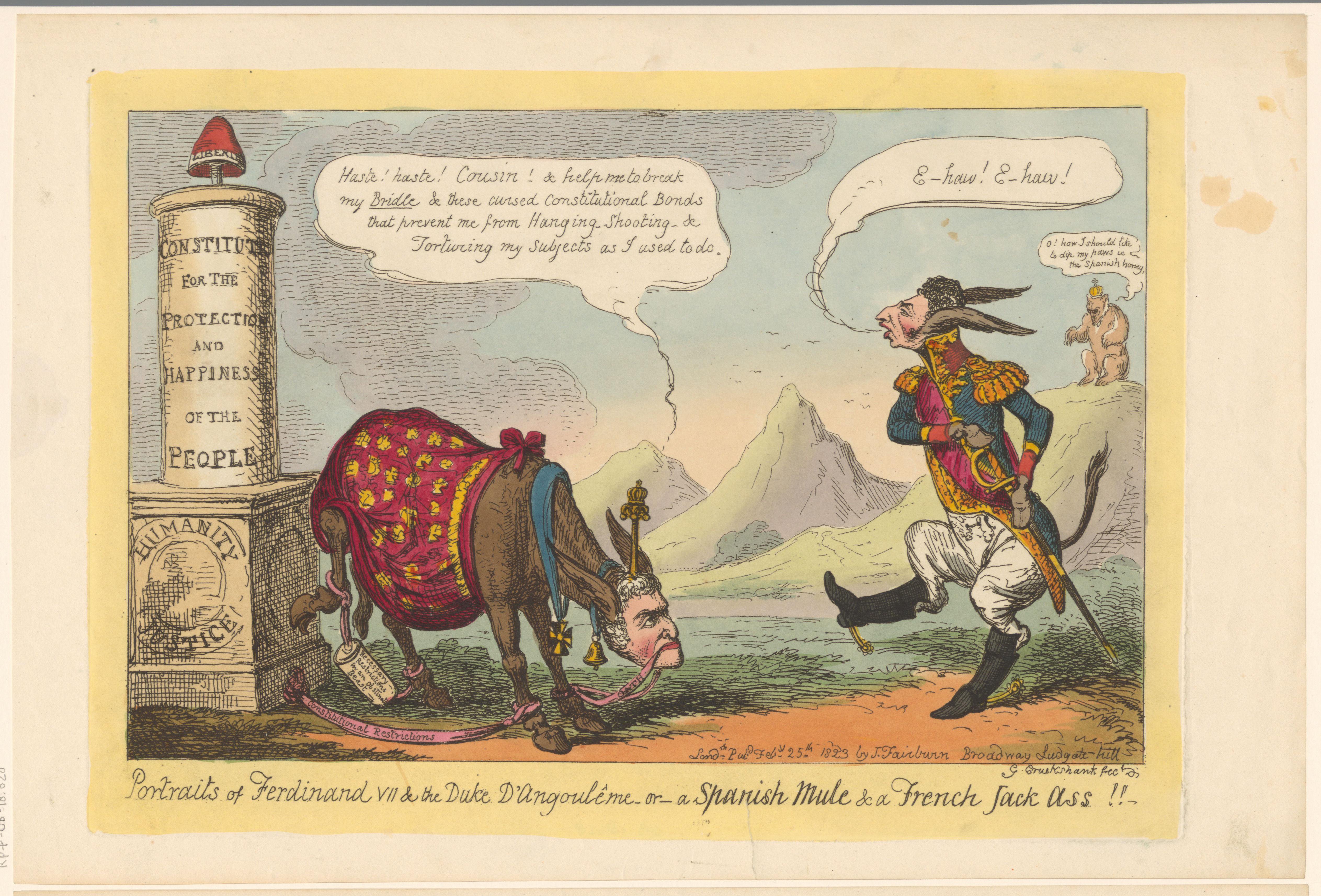 Ferdinand VII en Lodewijk Anton van Bourbon als twee ezels