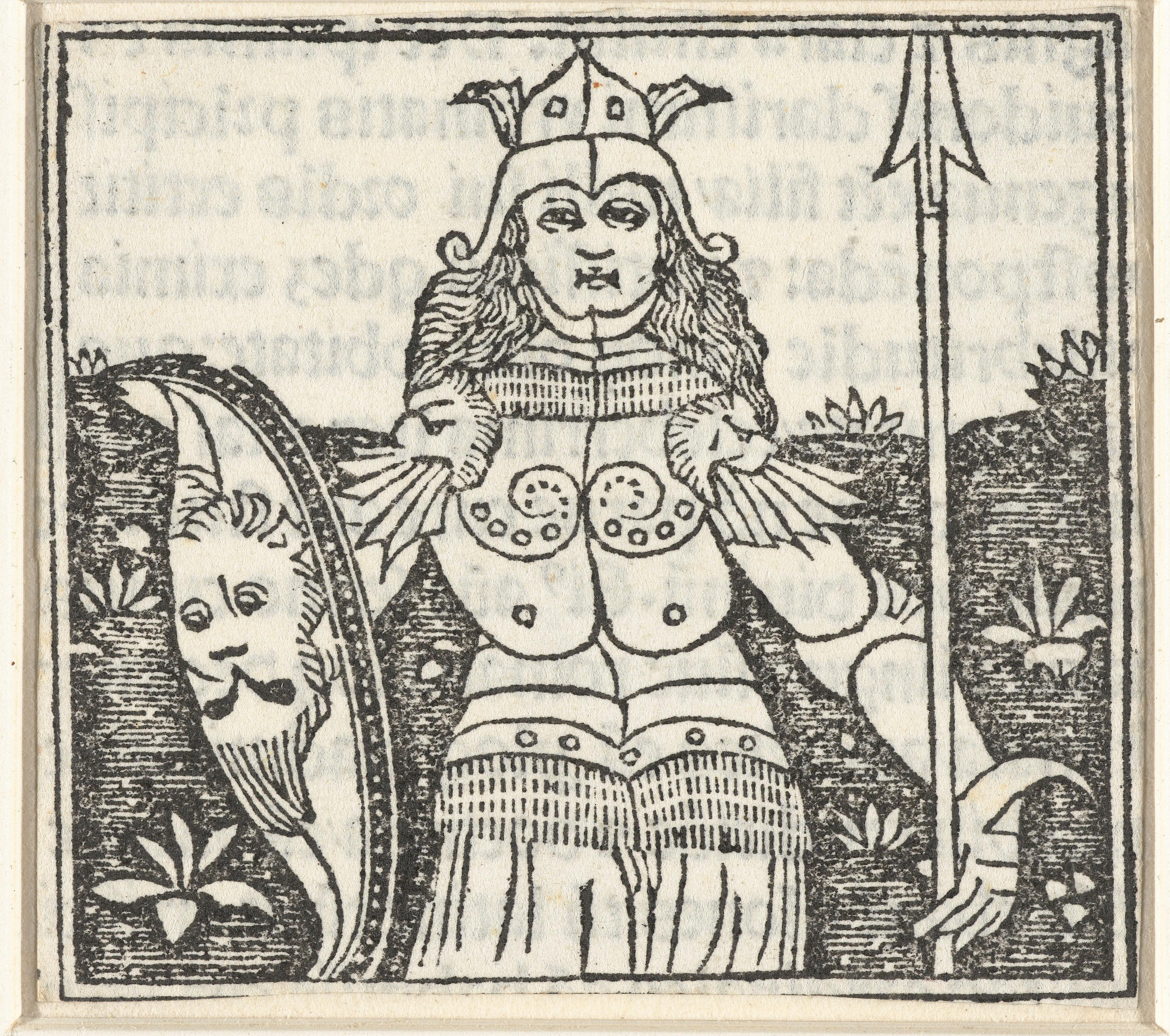 Vrouw in wapenrusting met speer en wapenschild