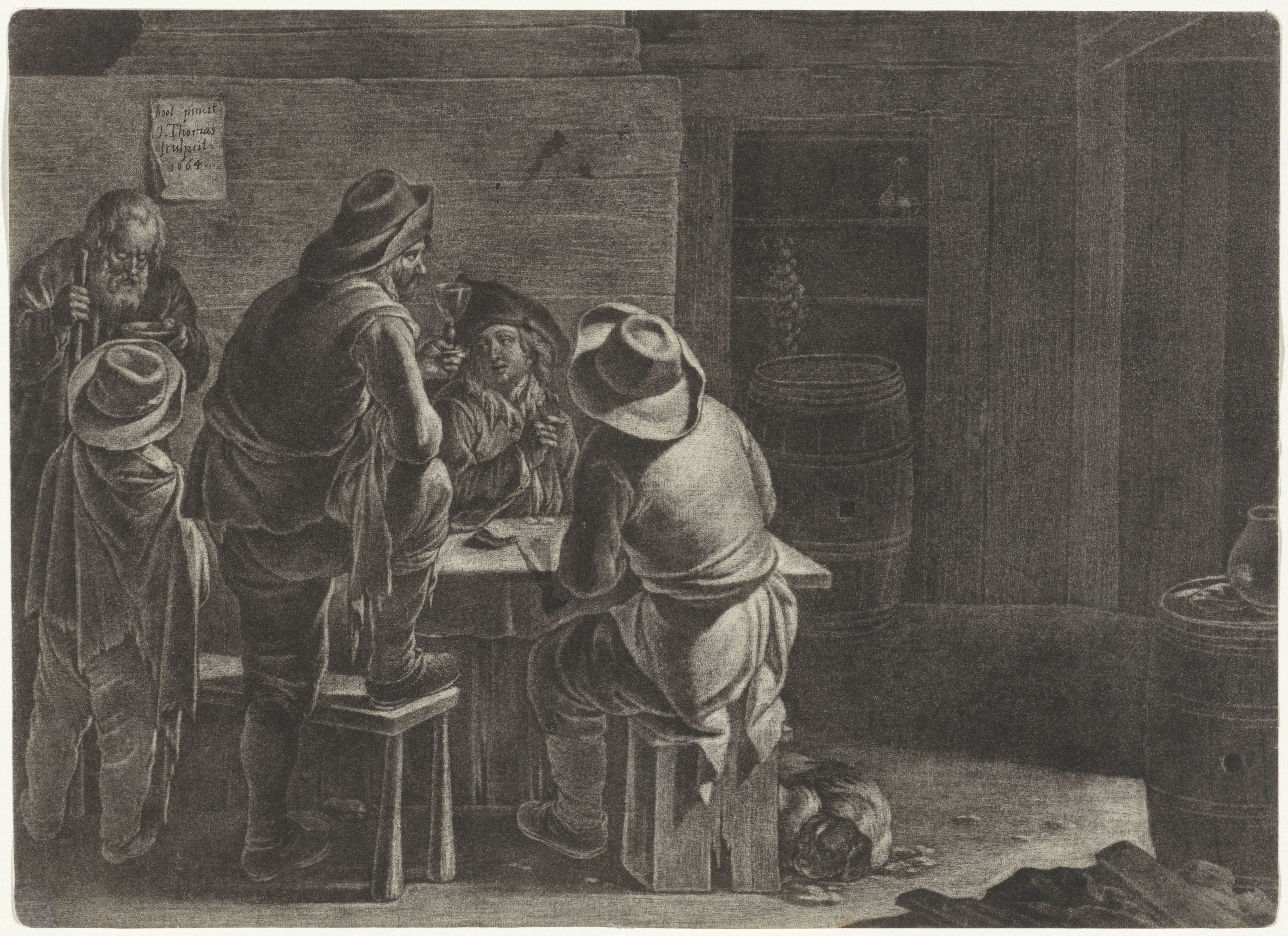 Mannen en een jongen aan een tafel