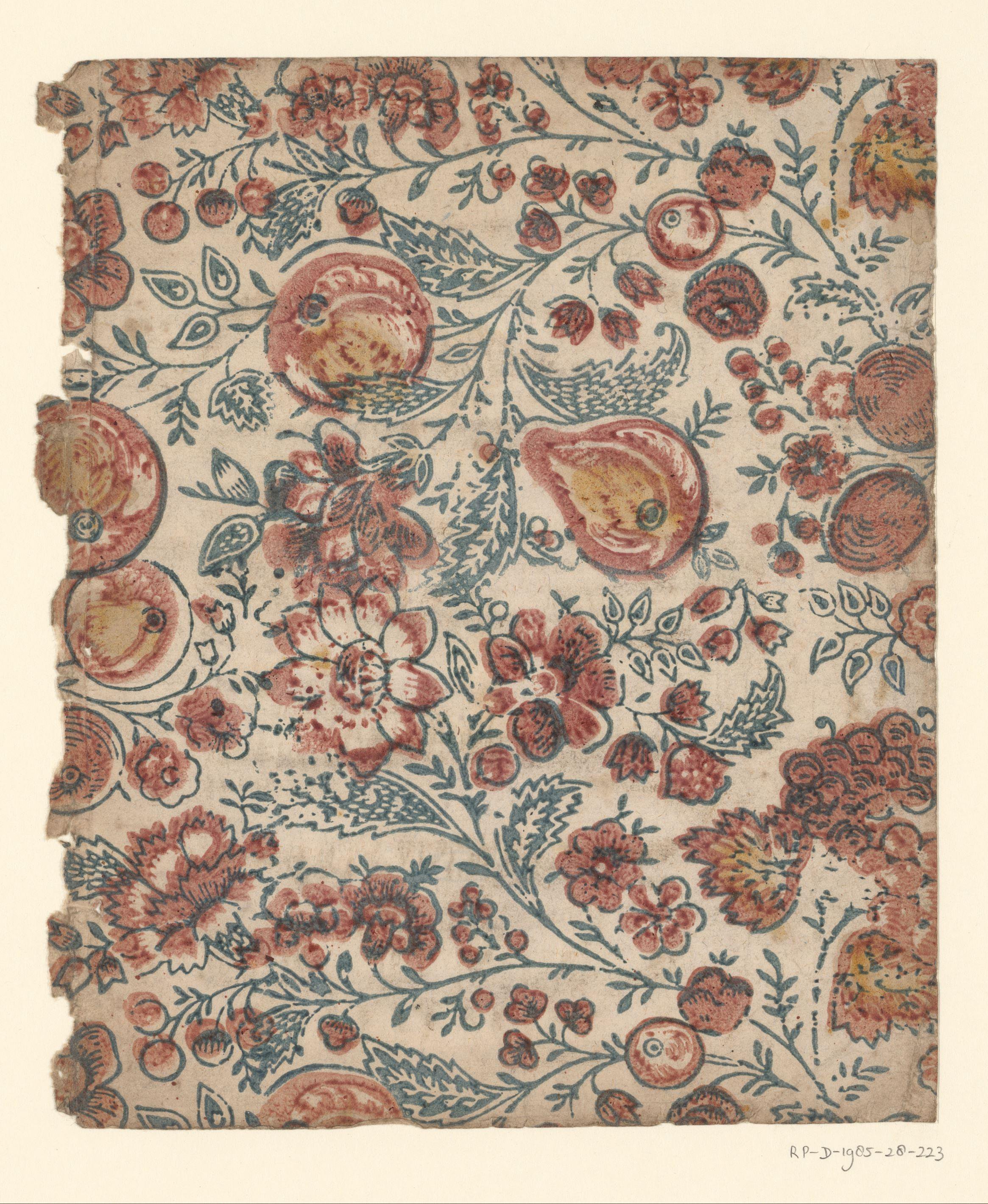 Blad met strooipatroon van bloemen en grote vruchten