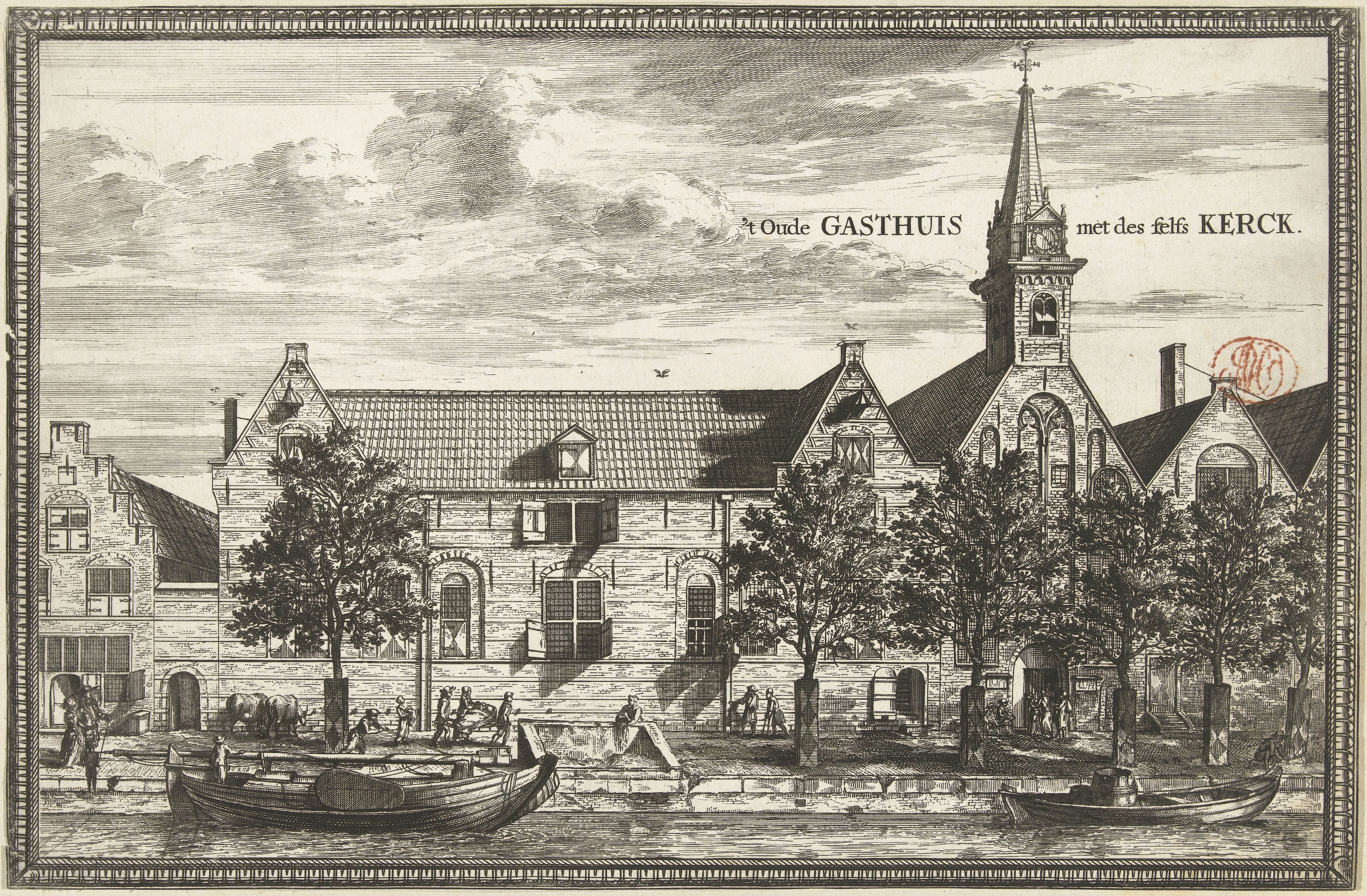 Gezicht op het Oude Gasthuis en bijhorende kerk te Delft