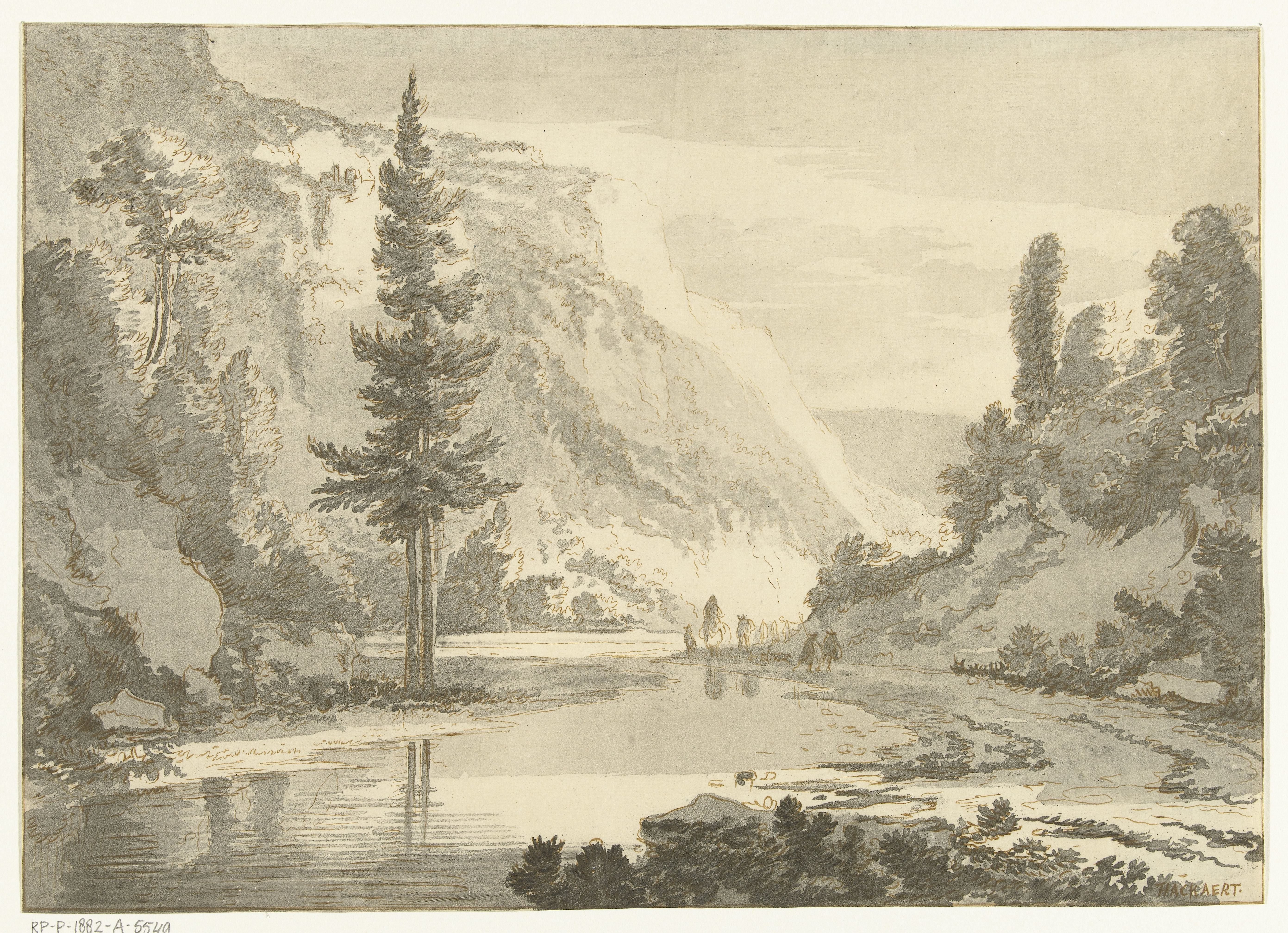 Berglandschap met herders op een rivieroever