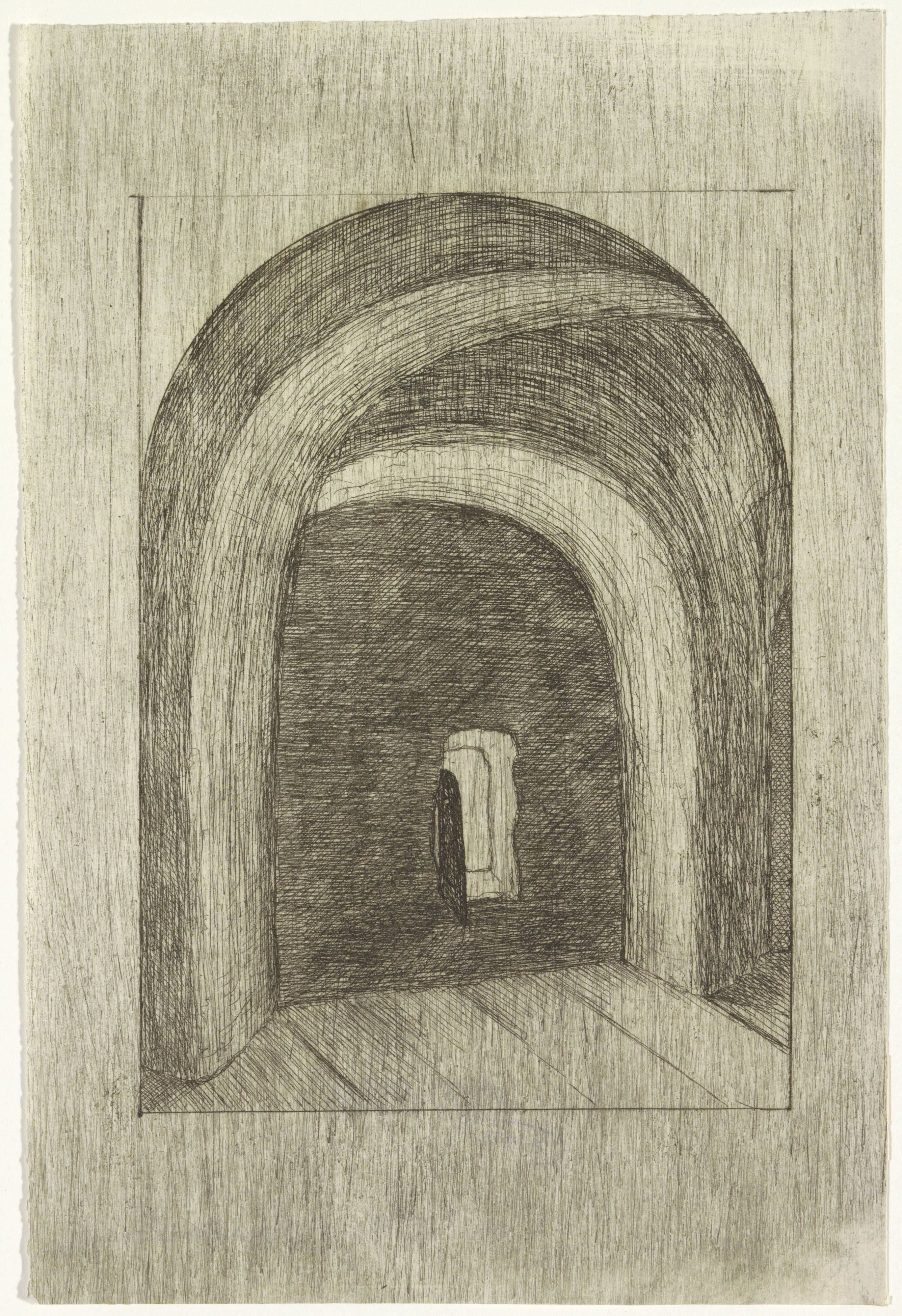 Interieur met gewelven en klein raam met luik