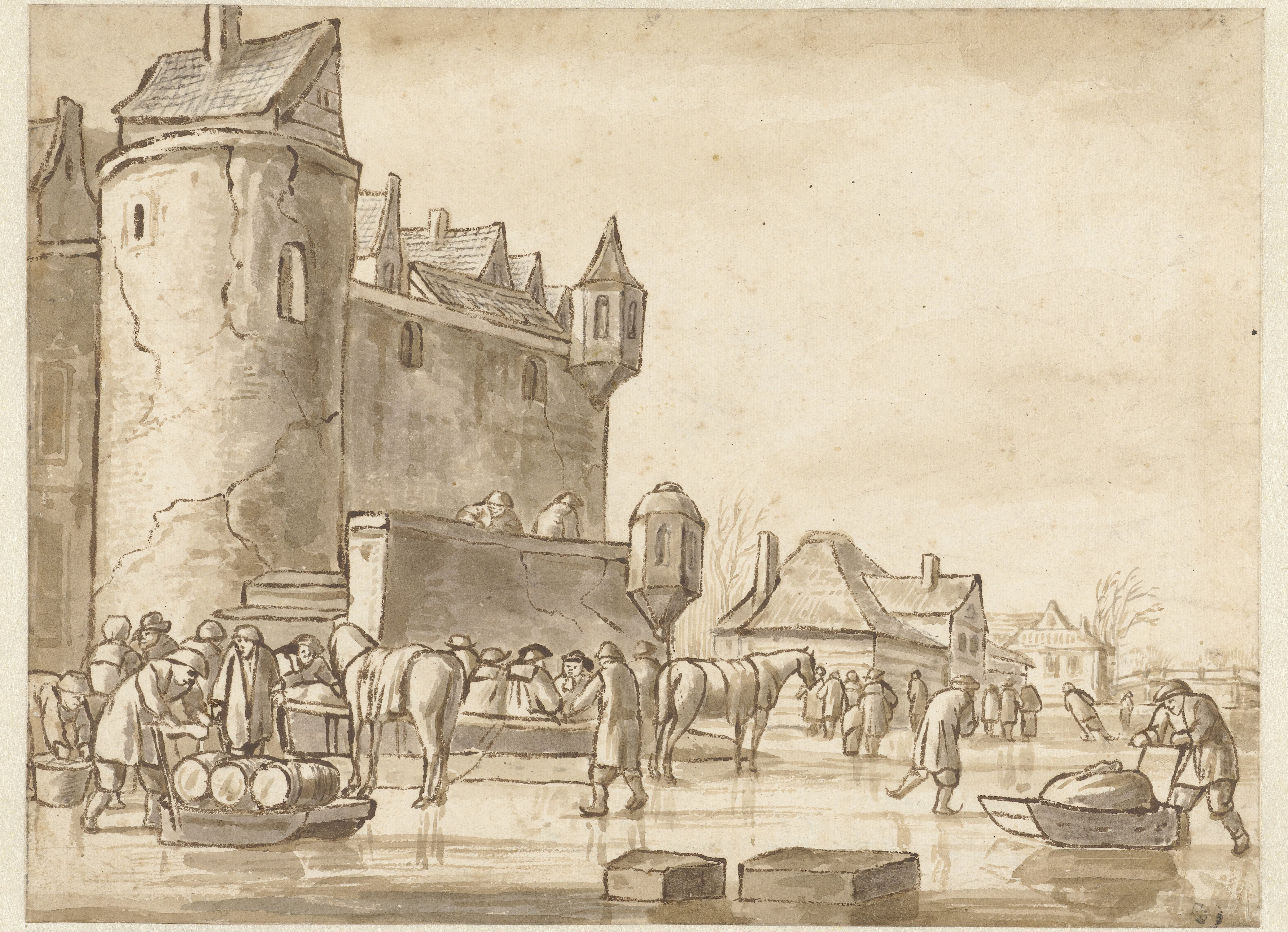 Schaatsenrijders en sleden voor een stadswal