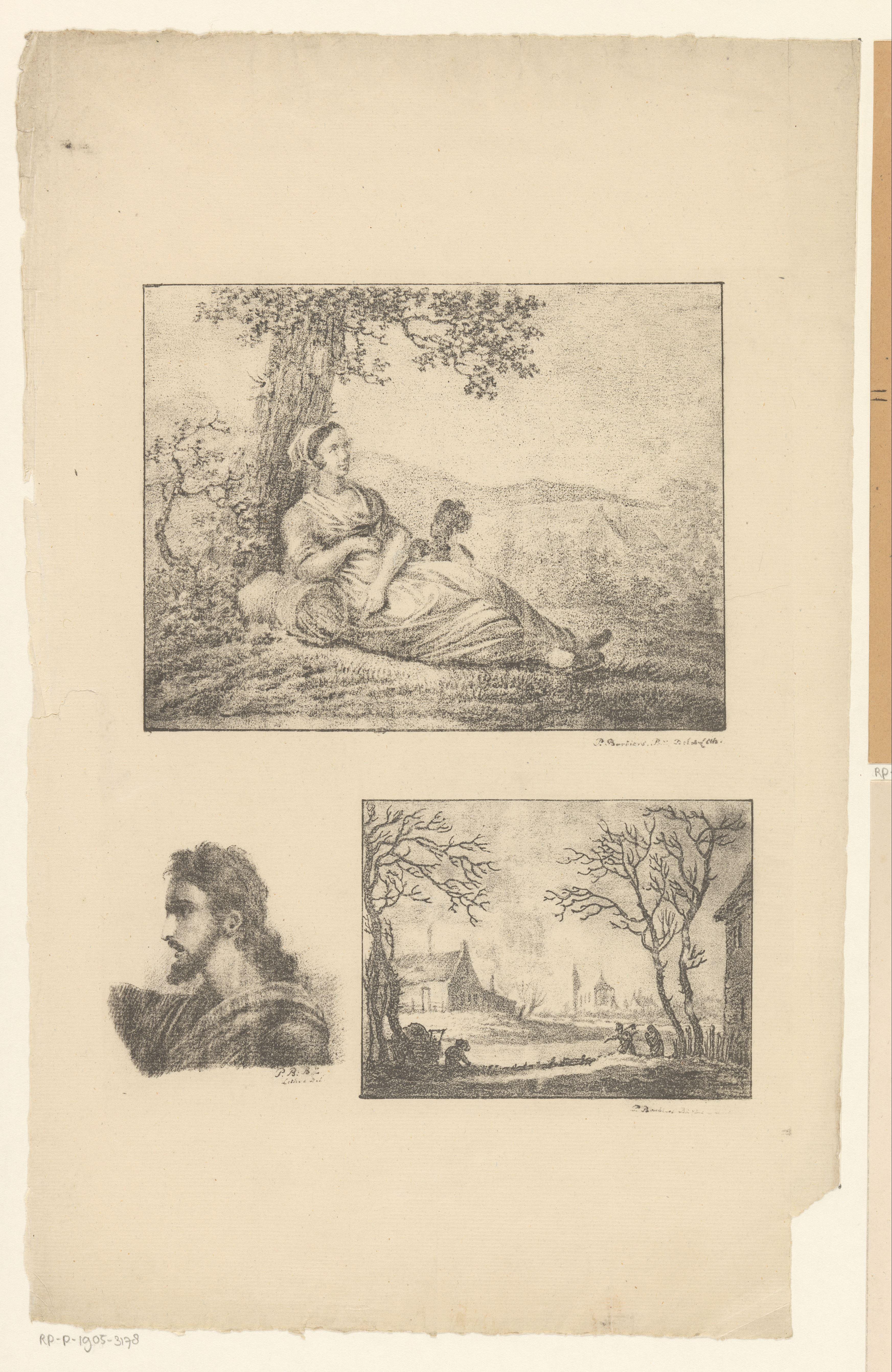 Drie voorstellingen: landschap met rustende vrouw en kind, Christus en een winterlandschap