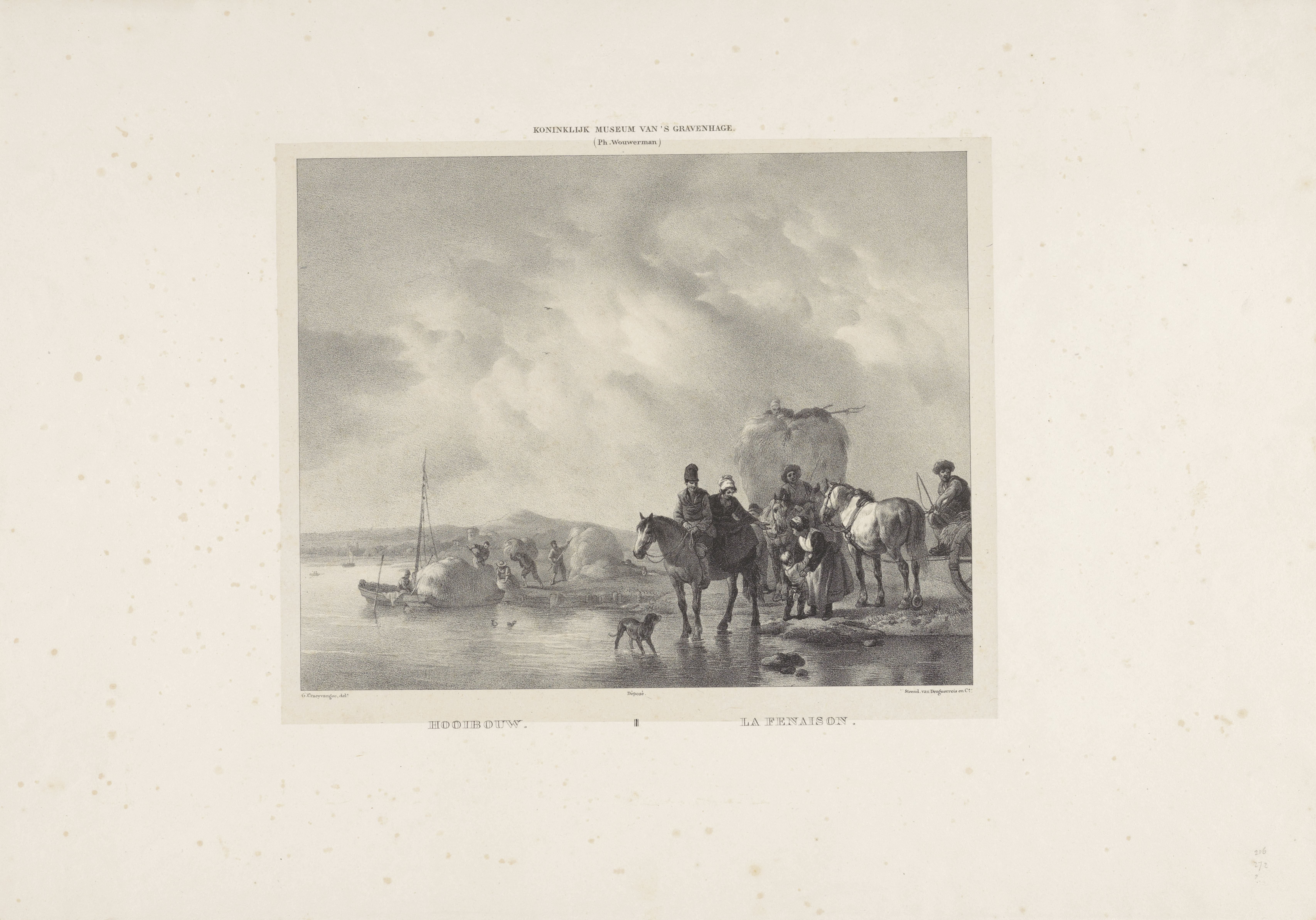Rivierlandschap met hooiwagen en reizigers te paard