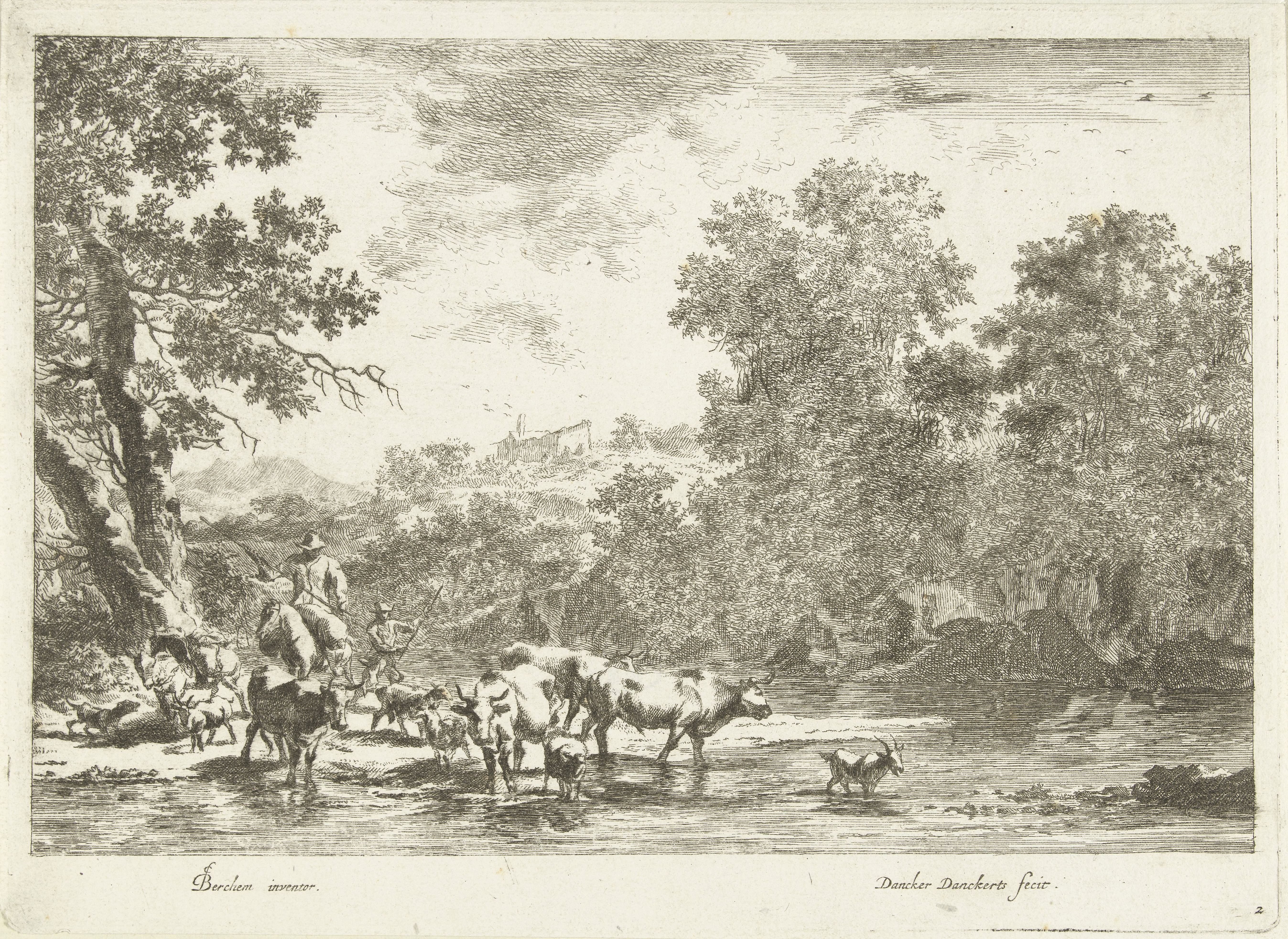 Italiaans landschap met herder te paard met vee bij rivier