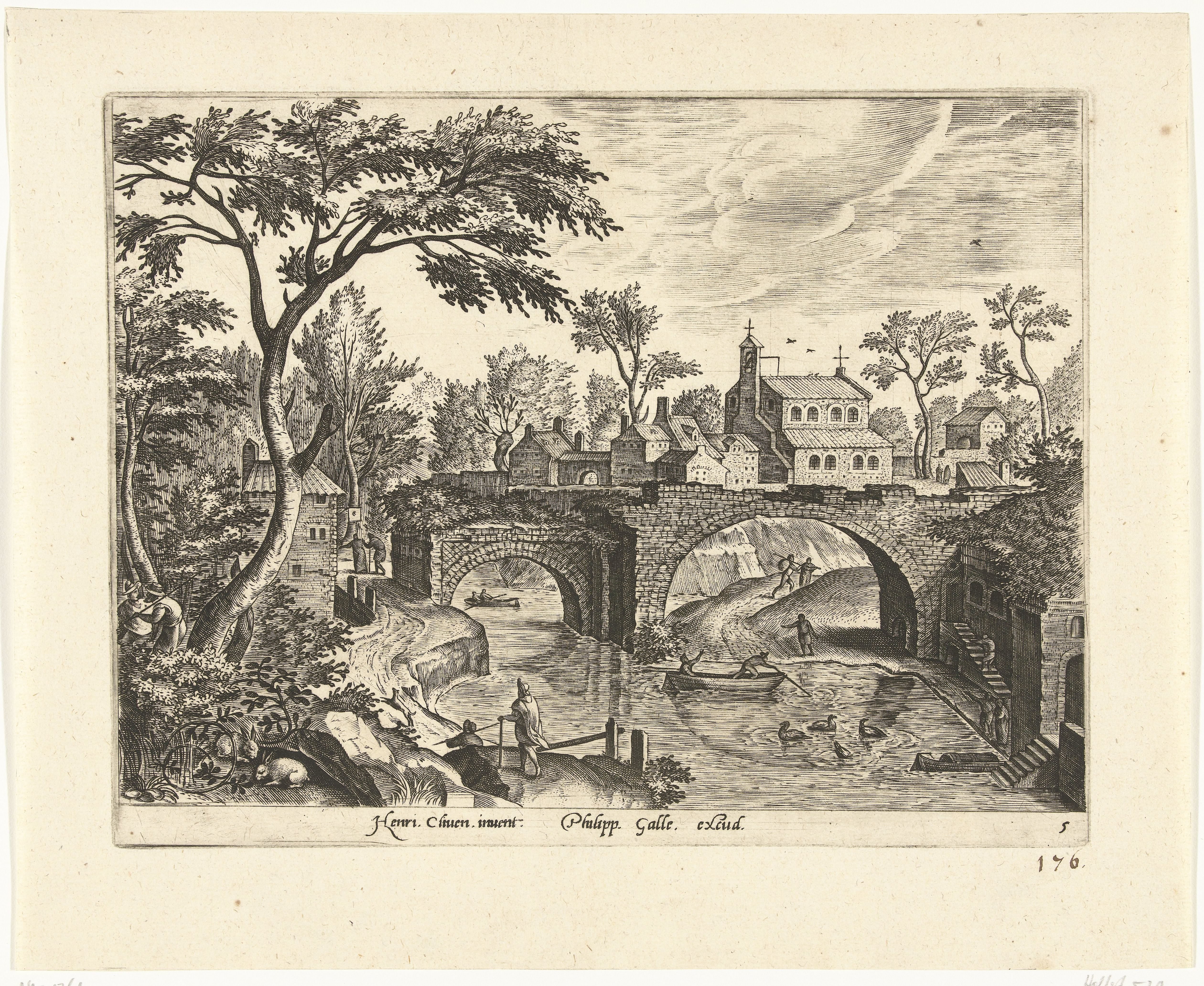 Landschap met ruïnes van een brug