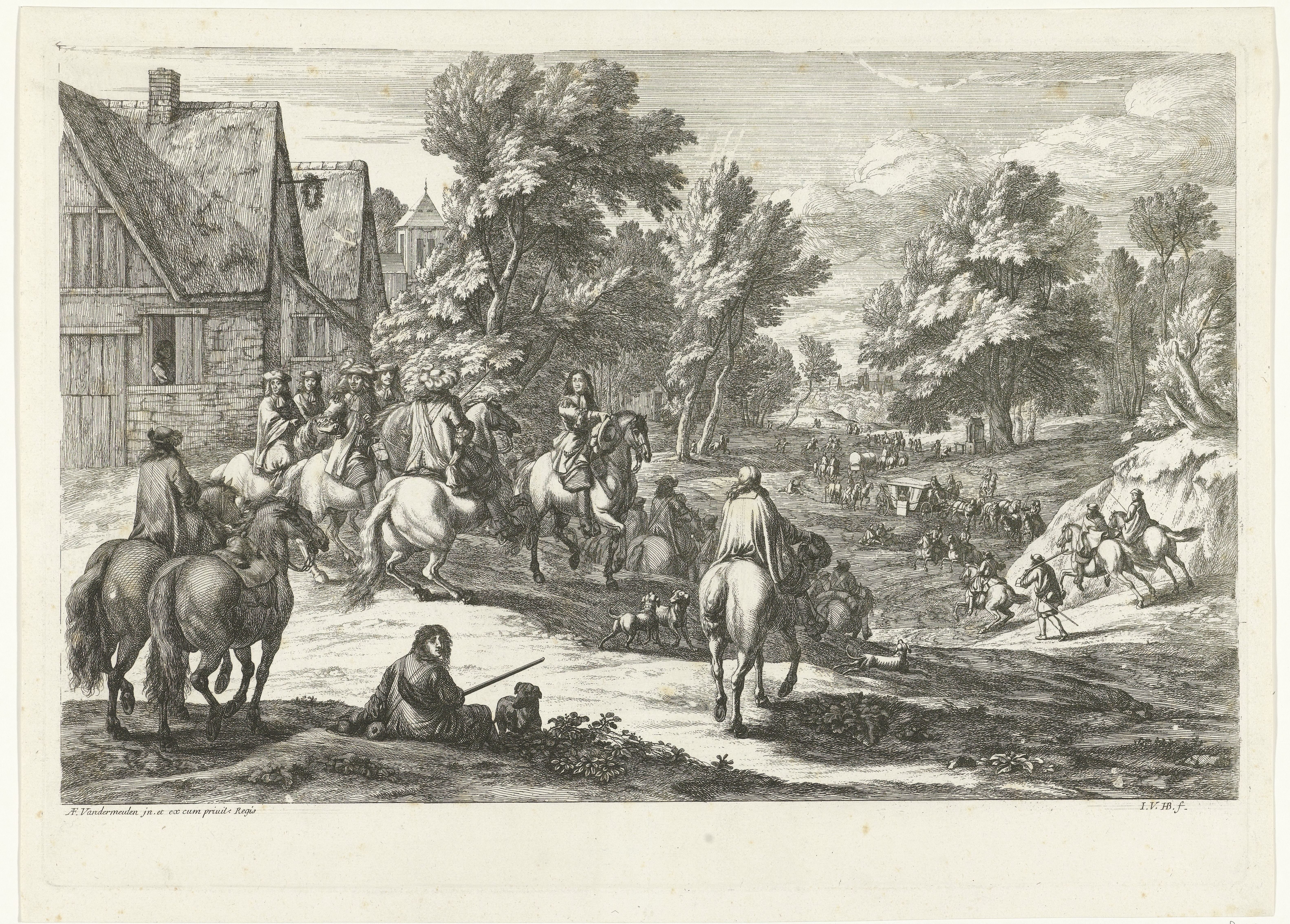 Gezicht op een dorp met ruiters op de voorgrond