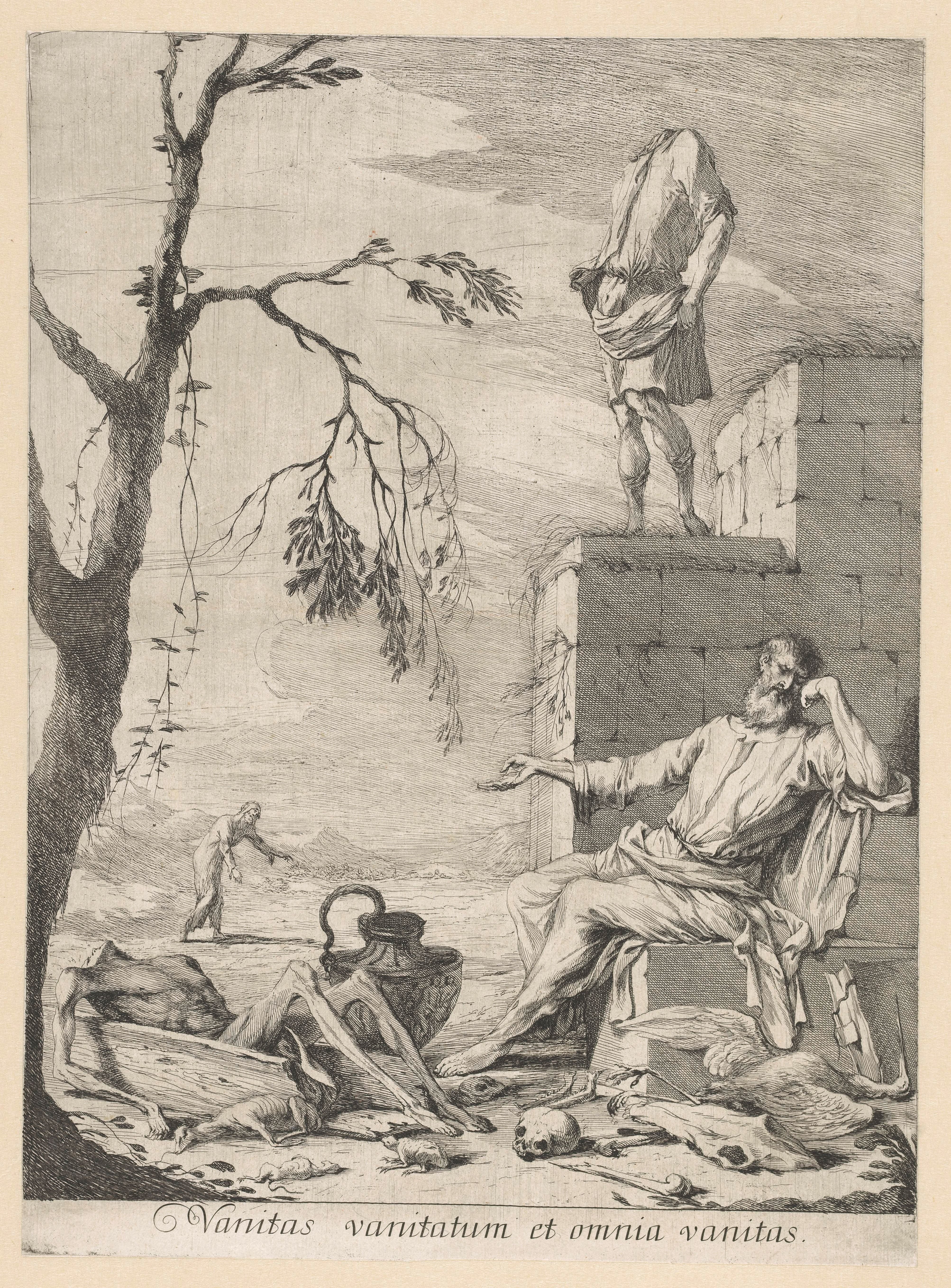 Treurende filosoof omgeven door vanitas symboliek