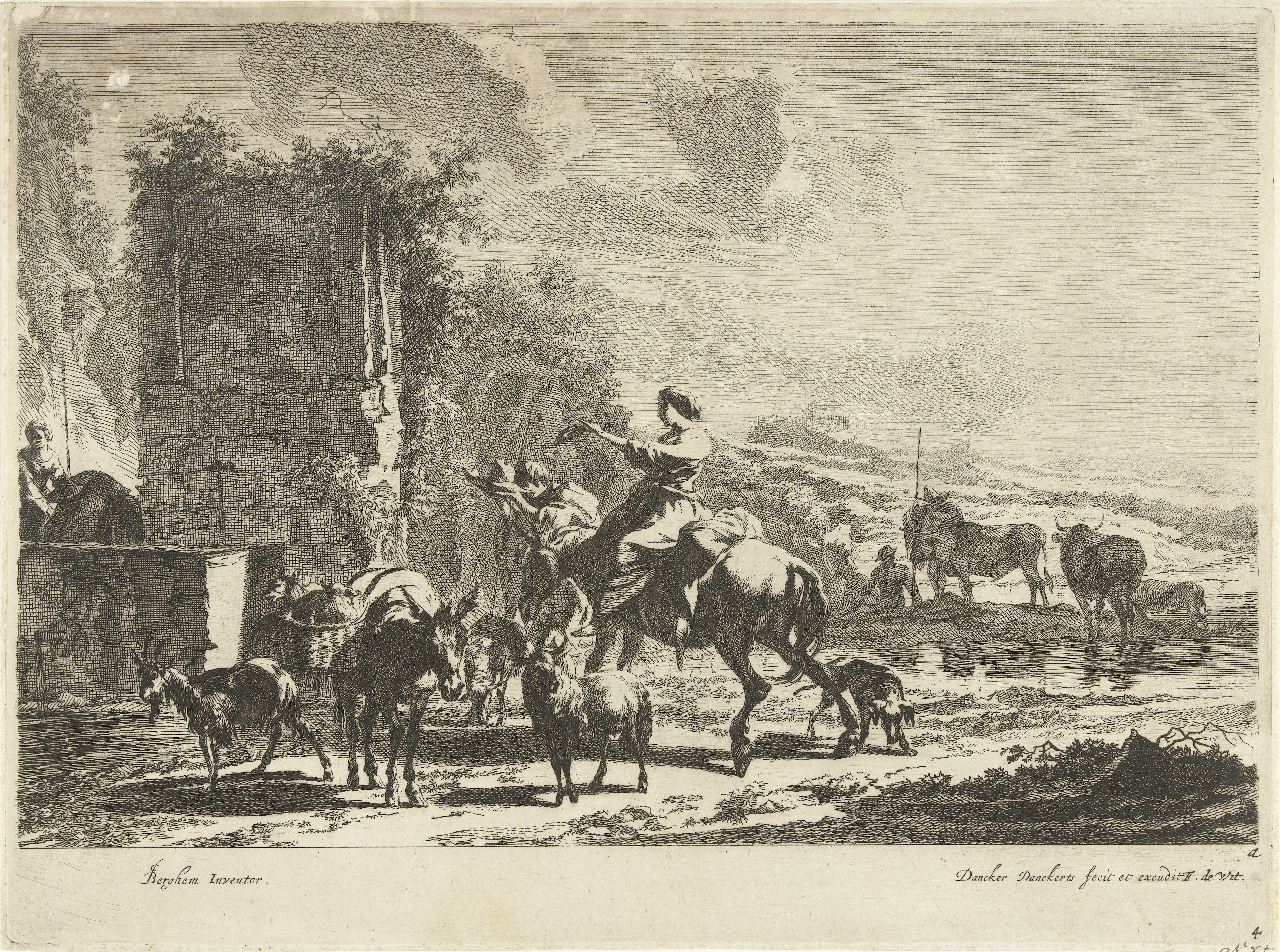Herders met muilezels en vee bij bron in berglandschap