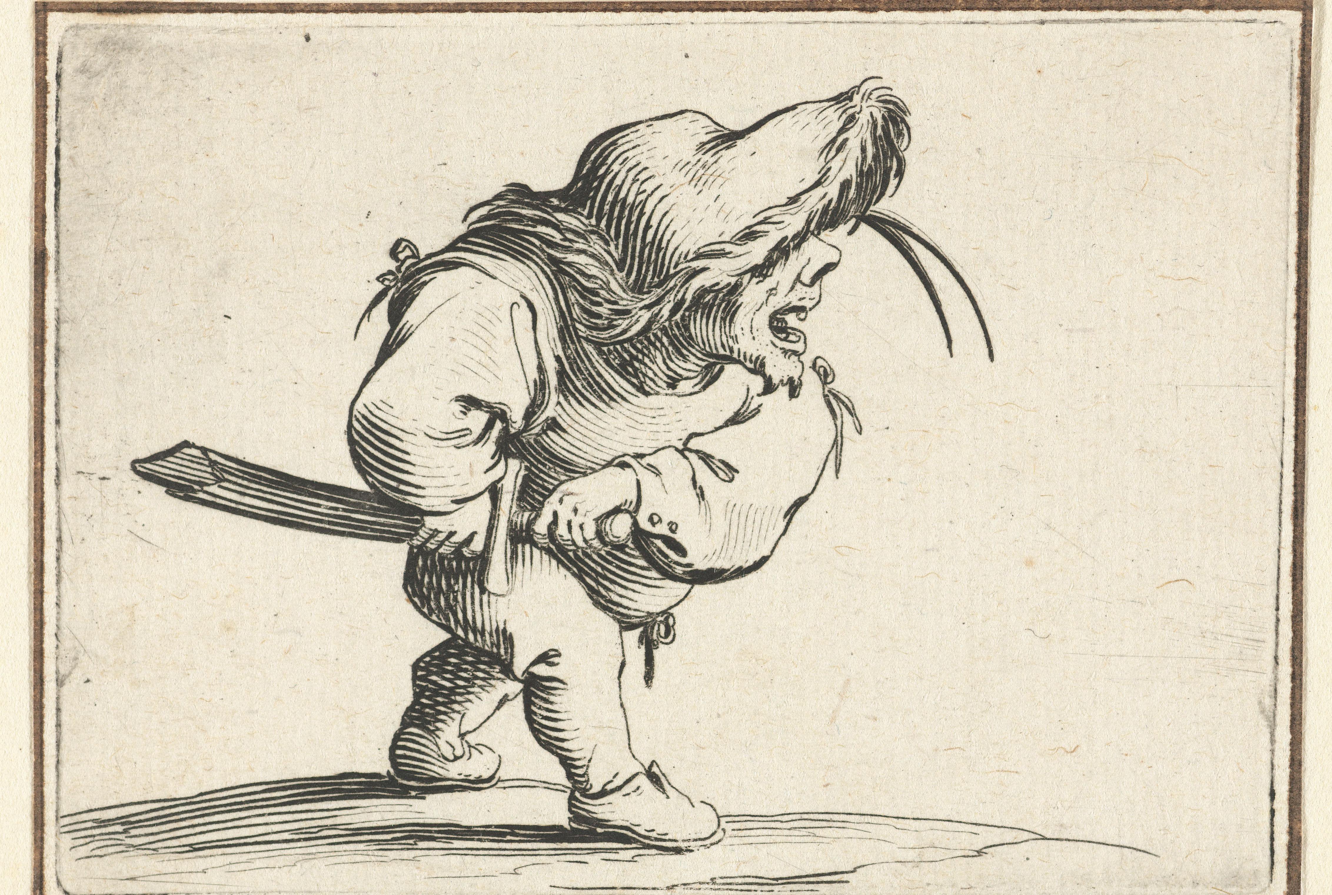 Kleine mens (karikatuur) met zwaard, in aanvallende houding