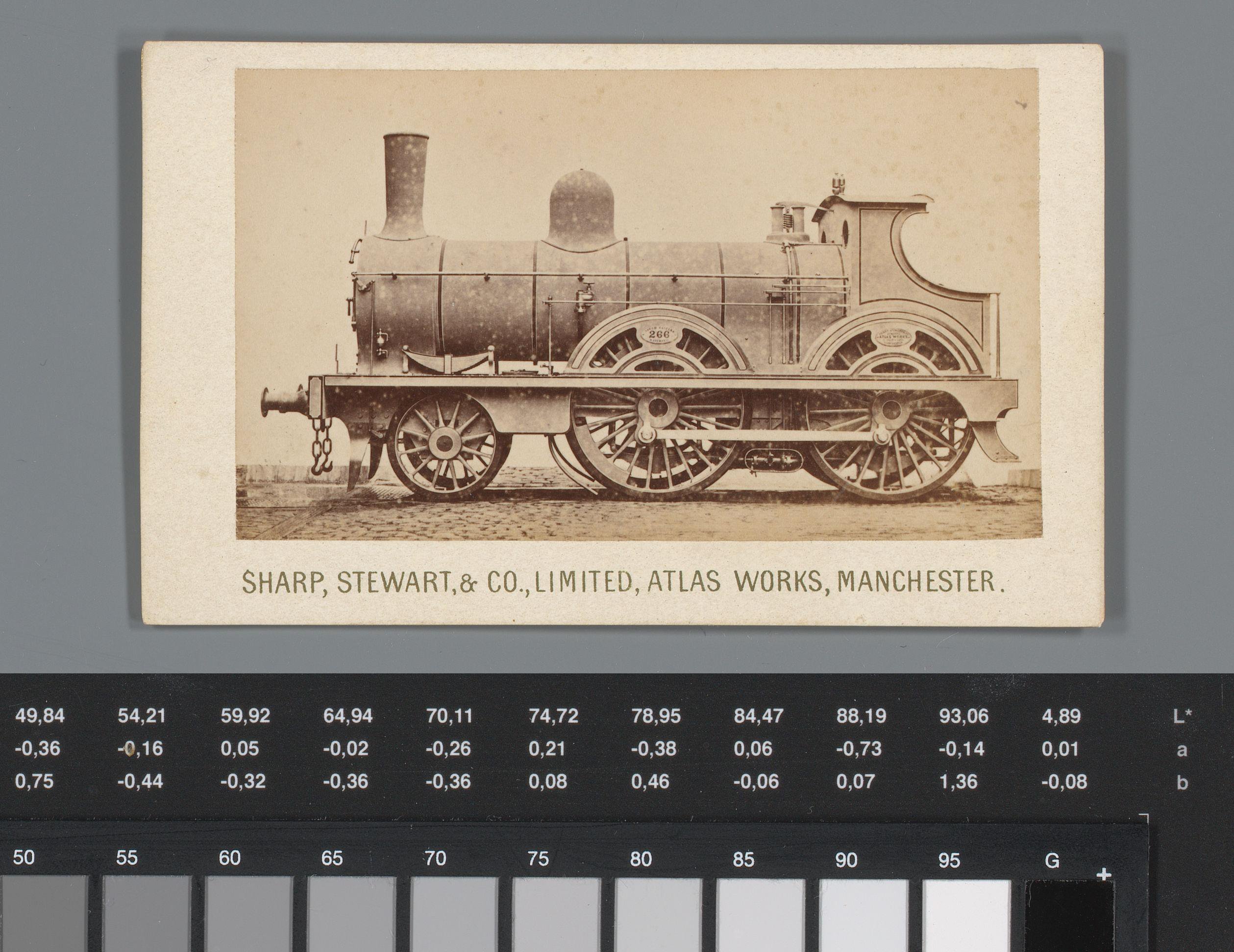 Reclame voor atlassen van Sharp, Steward, & Co. te Manchester, met gezicht op een locomotief