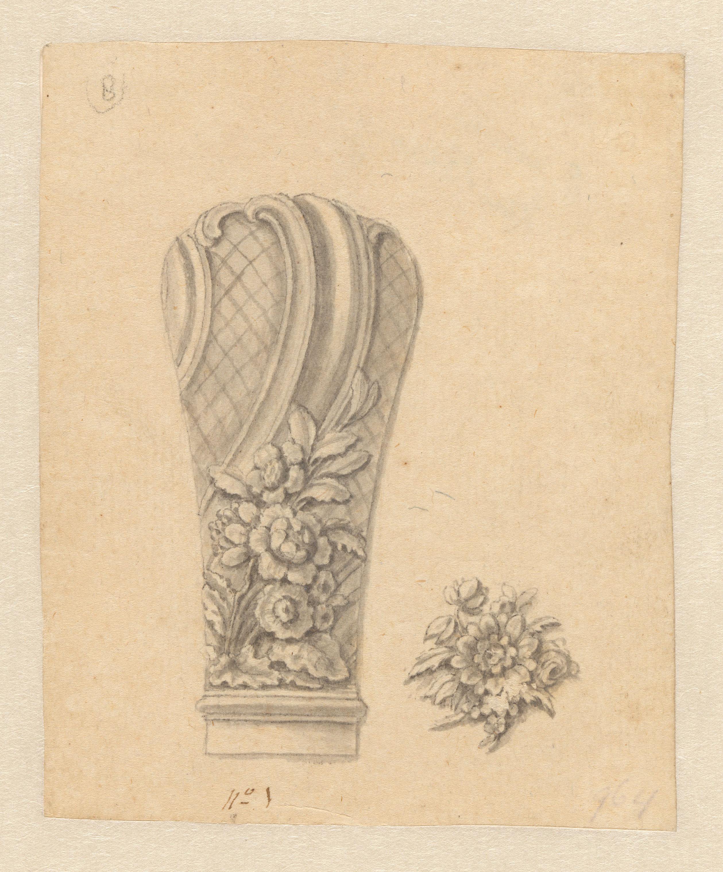 Ontwerp voor een wandelstokknop met een bloementak en gearceerde velden, met rechts een bloemenarrangement