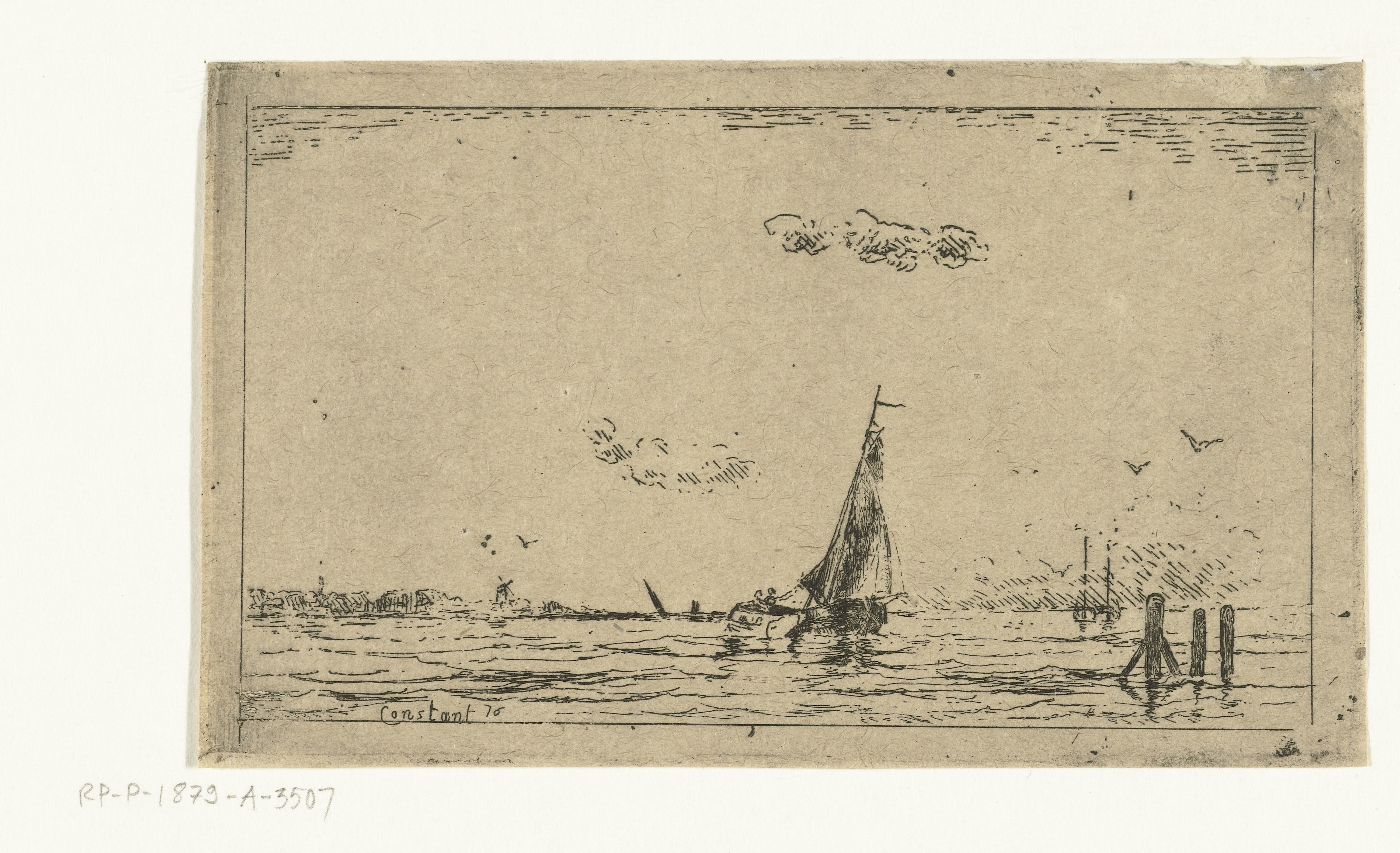 Riviergezicht met zeilschip