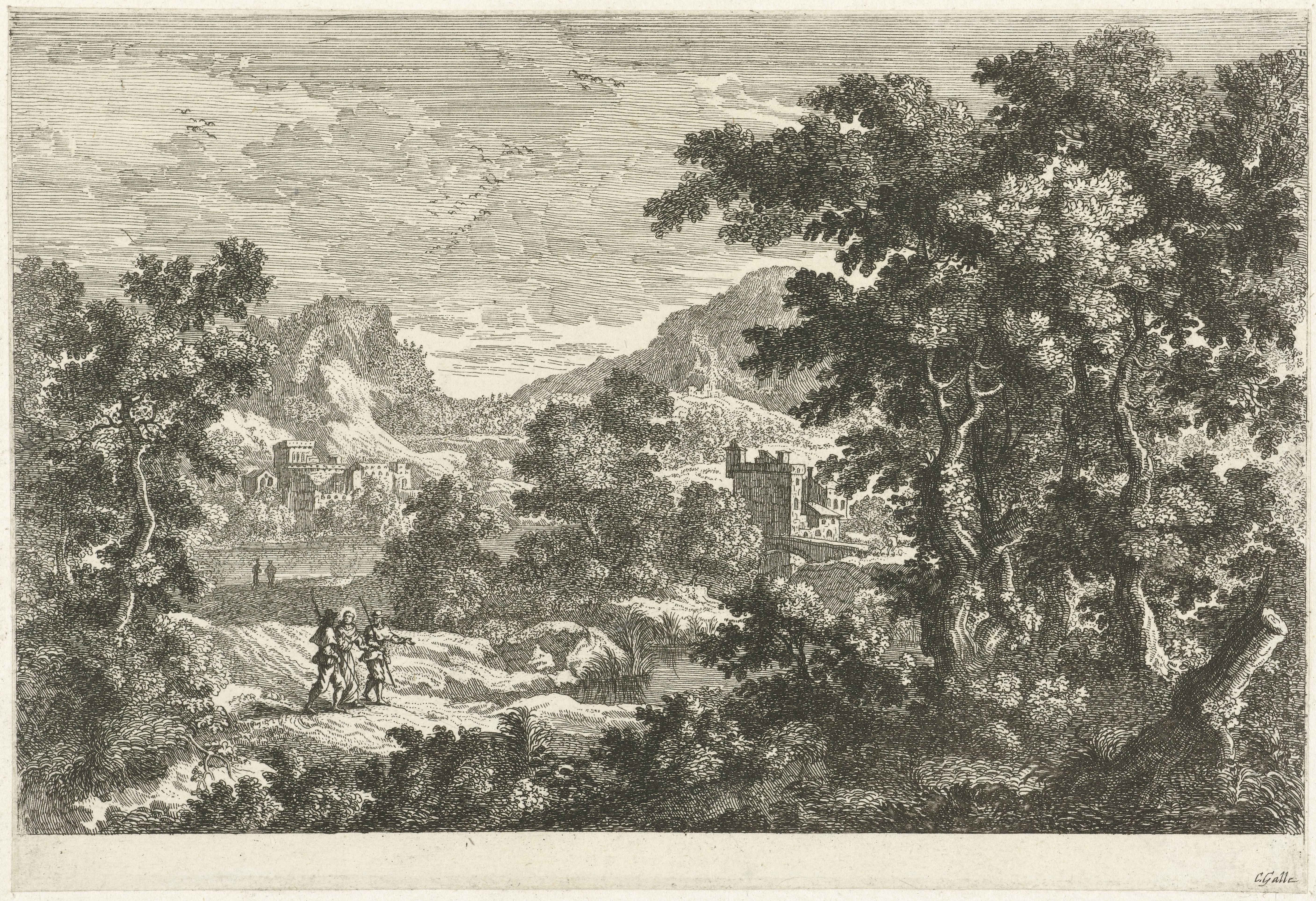 Landschap met Christus en de discipelen op weg naar Emmaus