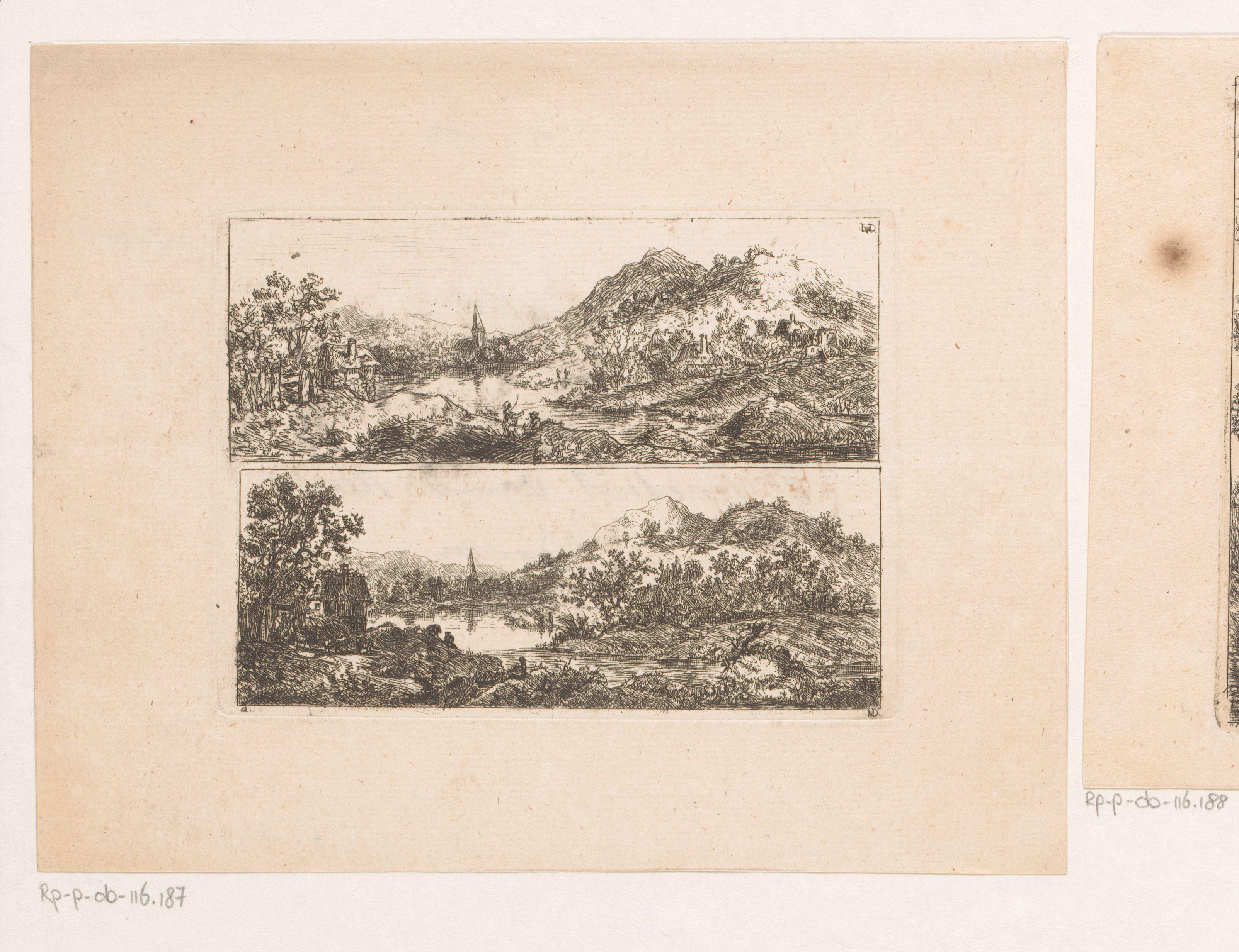 Twee landschappen met torenspits