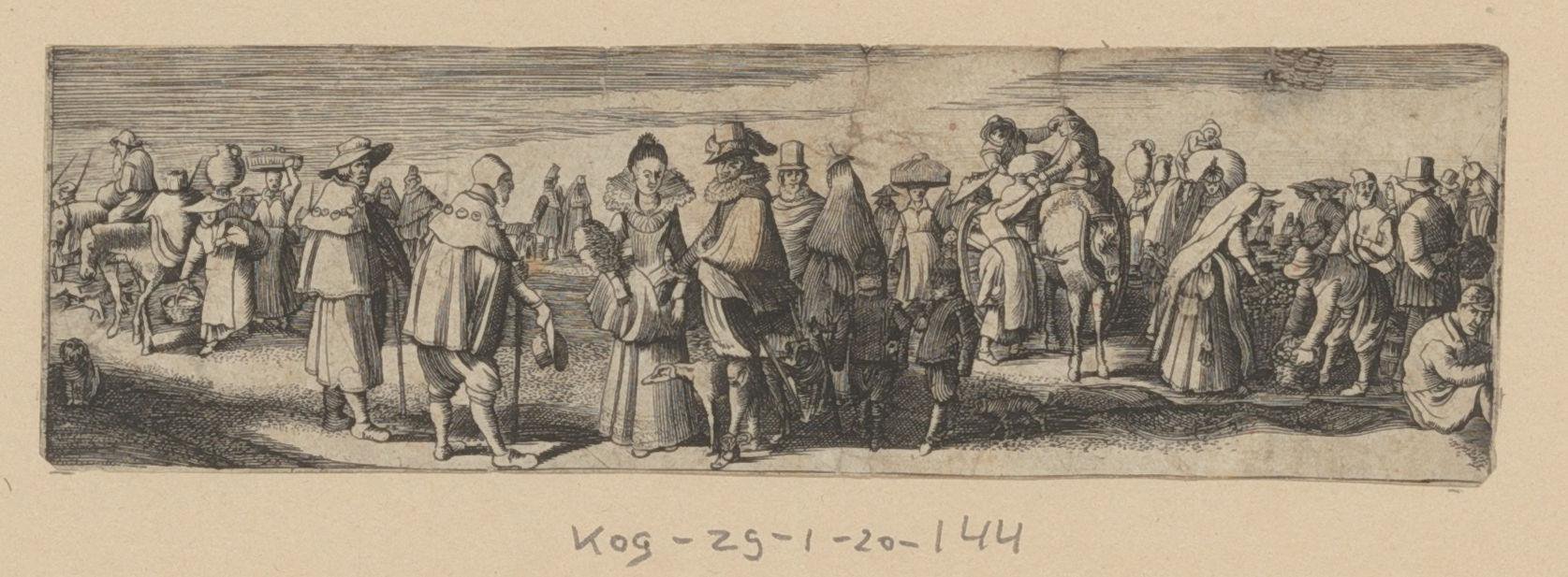 Marktscene met een koppel en twee pelgrims