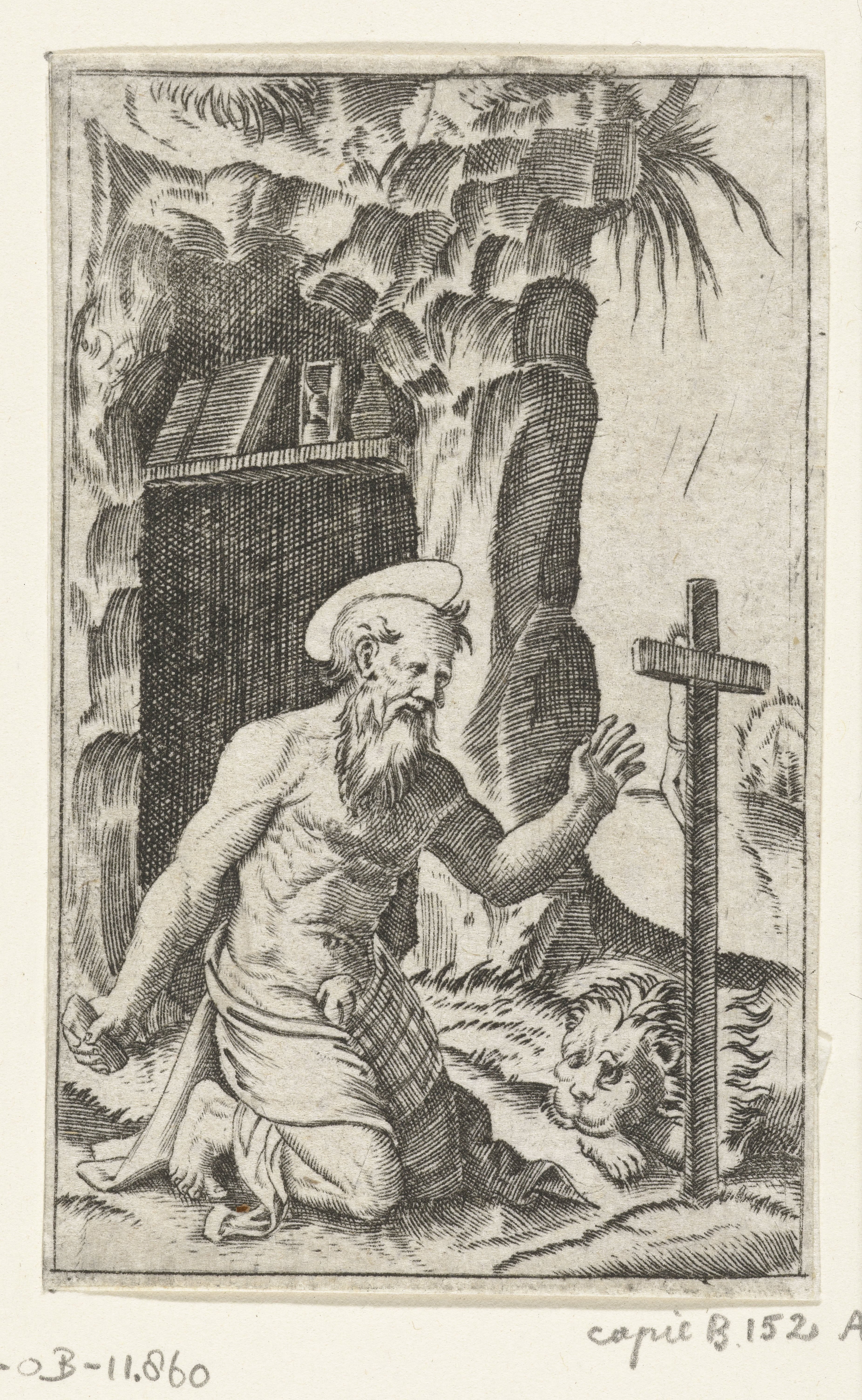 Heilige Hieronymus knielend bij crucifix en leeuw