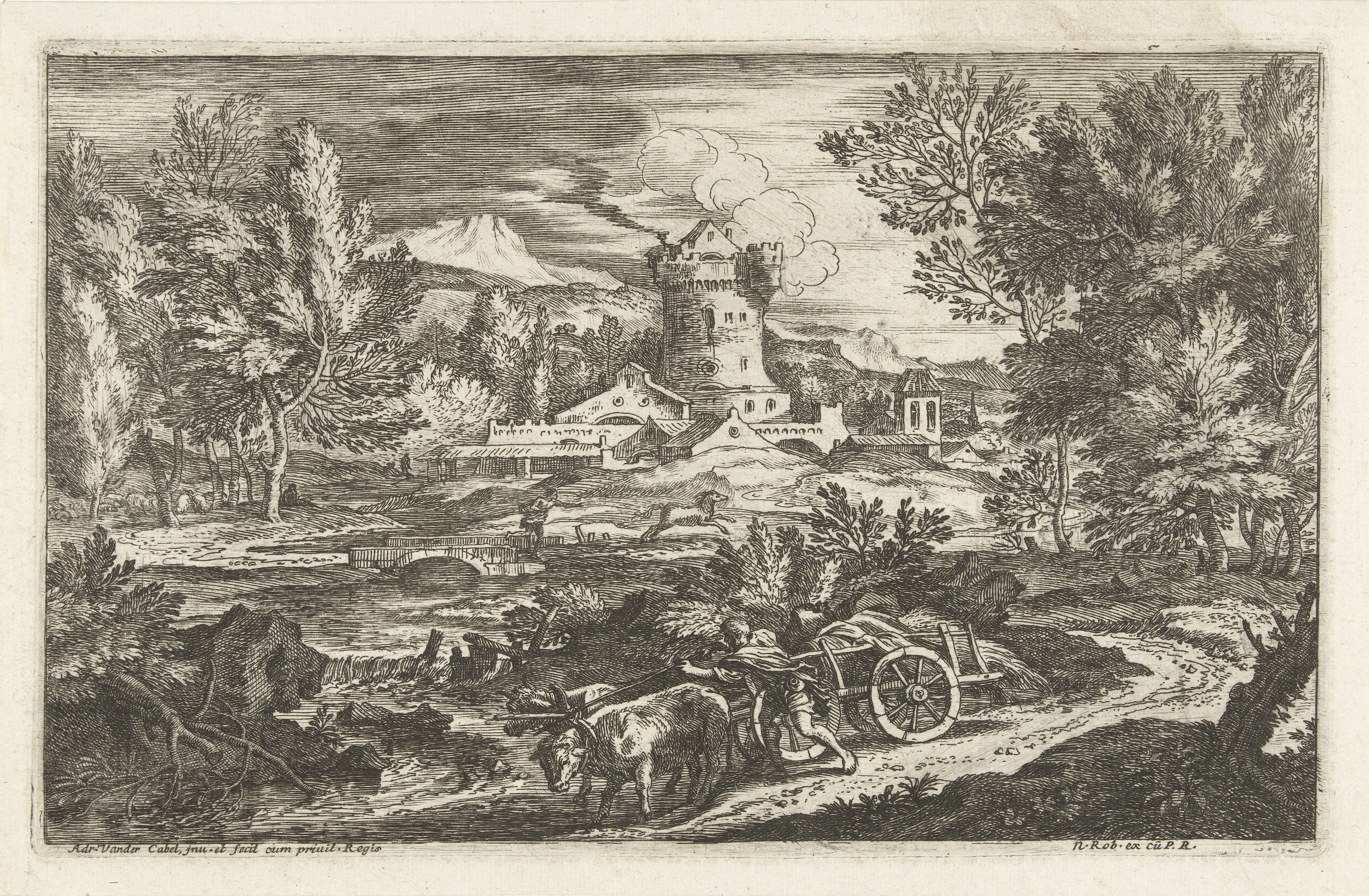 Landschap met ossenwagen