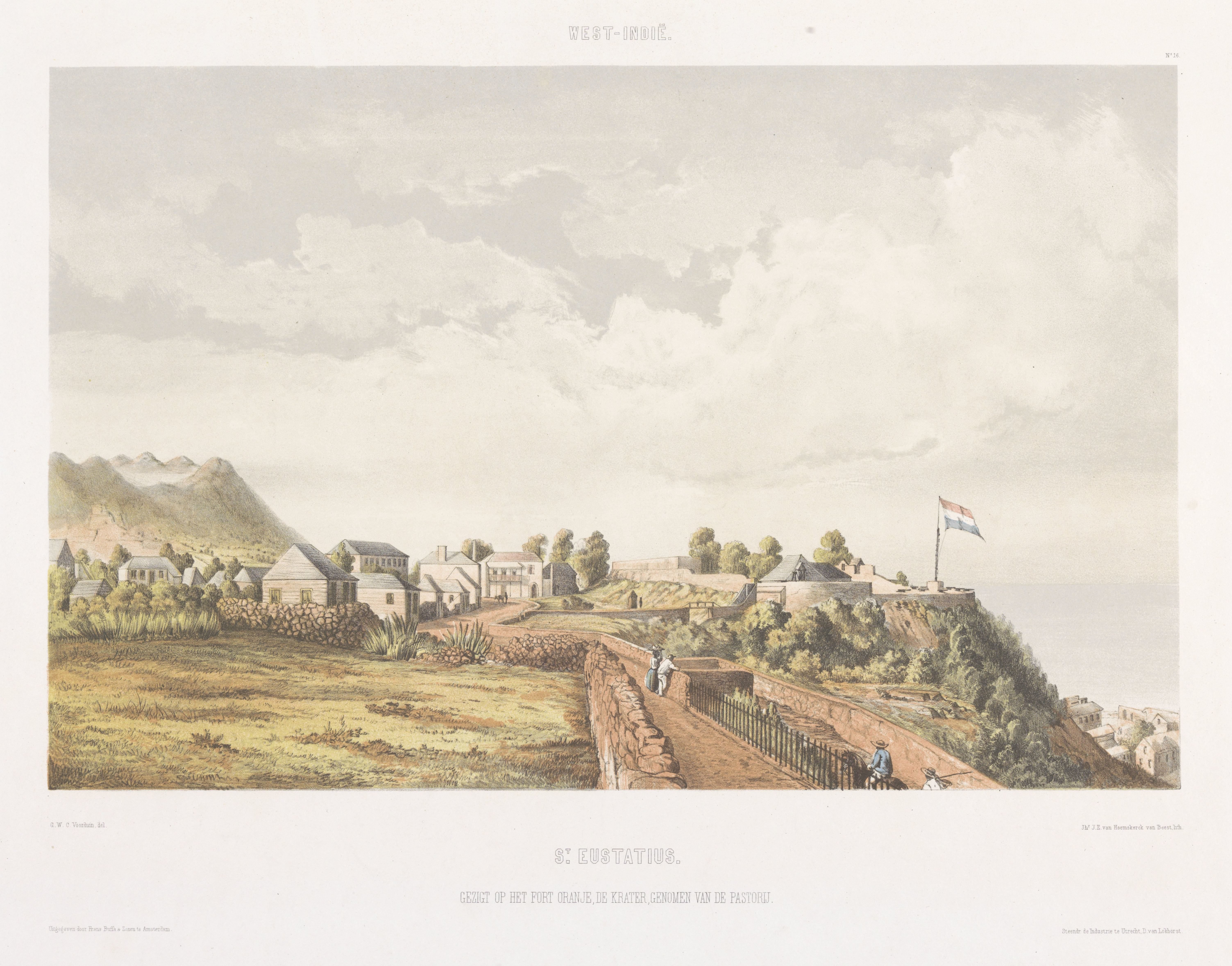 Gezicht op het fort Oranje en De Krater op Sint Eustatius