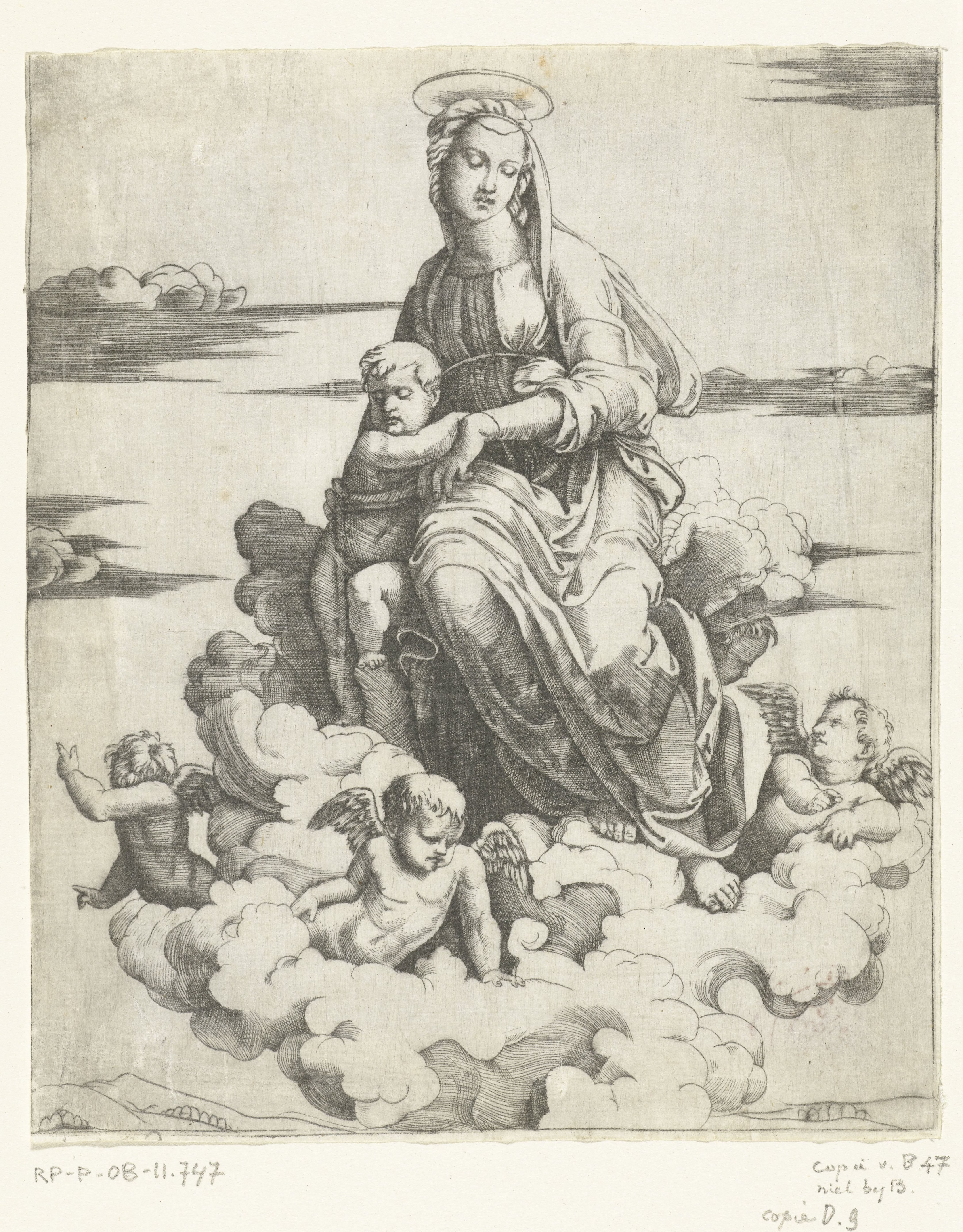 Maria met kind zittend op wolken omringd door engelen