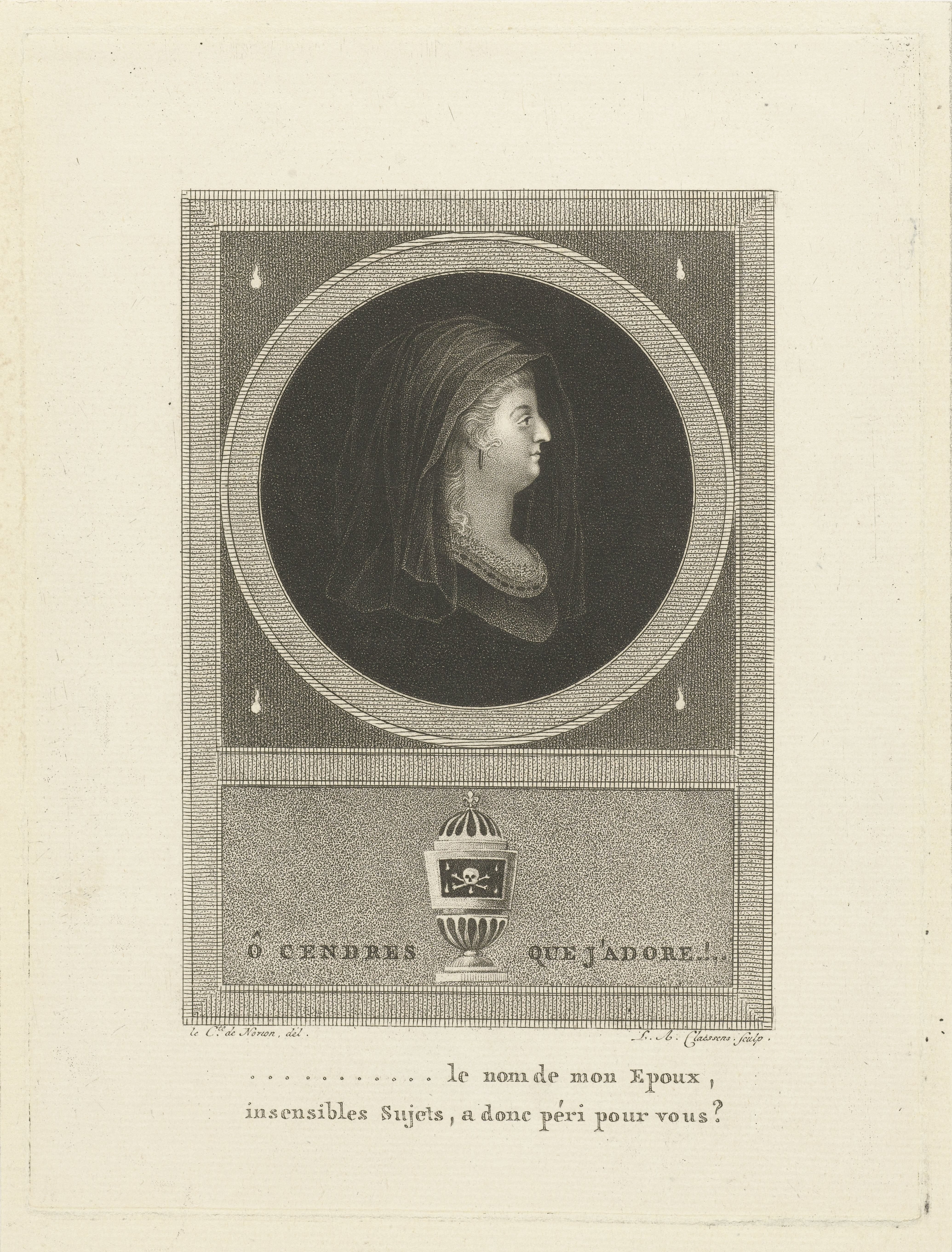 Memorieprent met portret van Marie-Antoinette