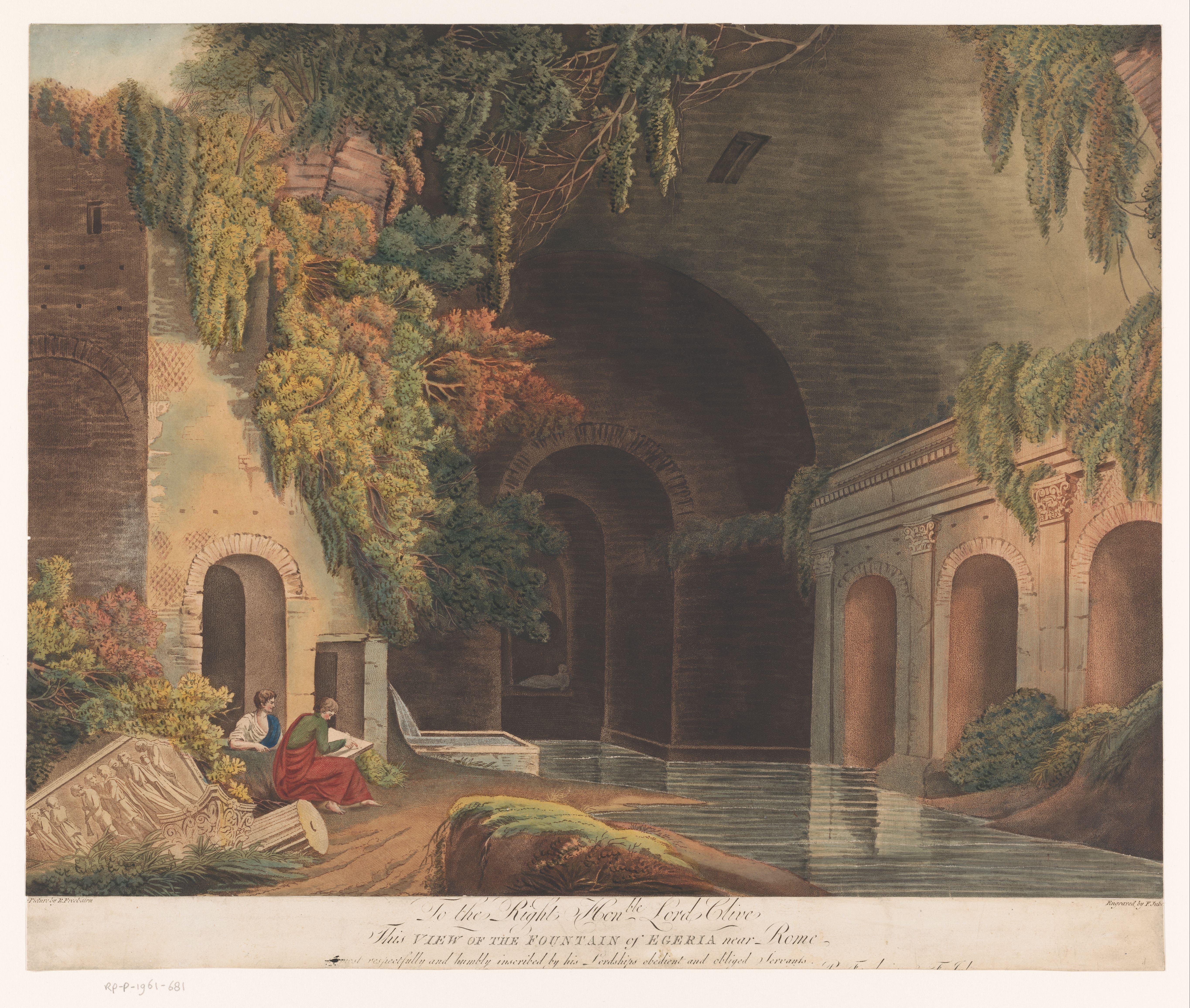Twee tekenaars bij het Nymphaeum van Egeria in het Caffarella Park bij Rome