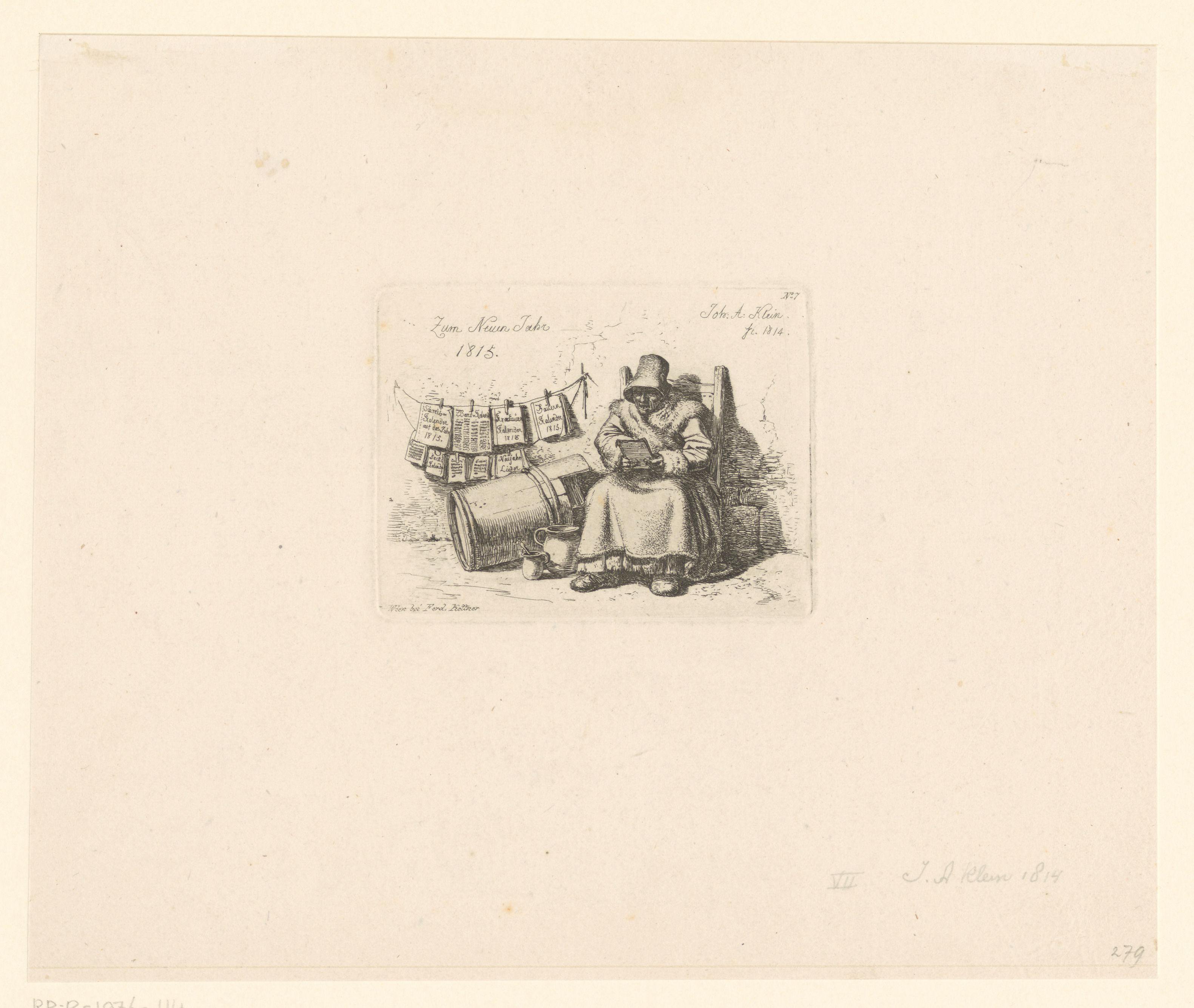 Oude vrouw naast een waslijn met kalenders voor het jaar 1815