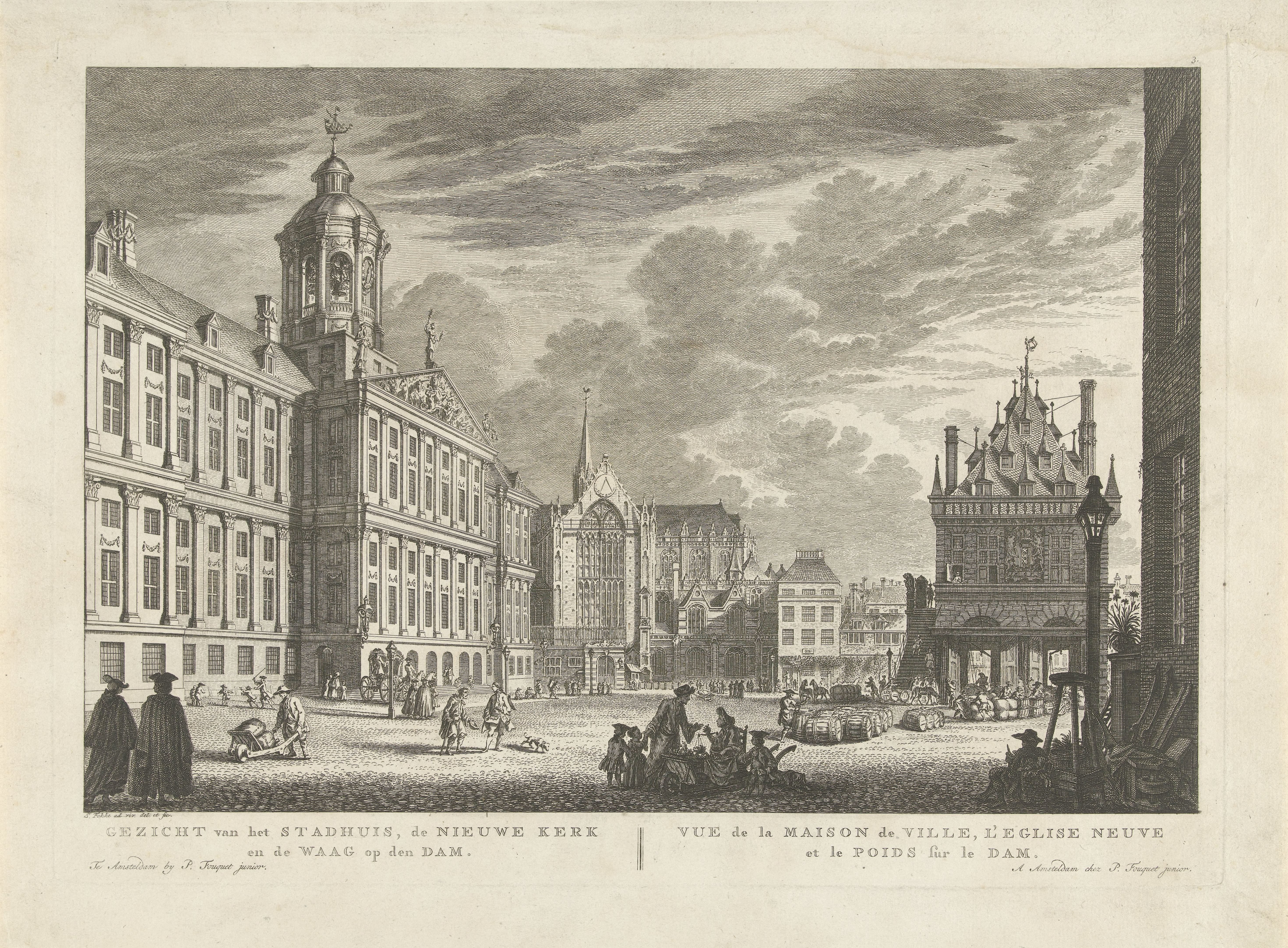 Gezicht op het Stadhuis, de Nieuwe Kerk en de Waag op de Dam te Amsterdam