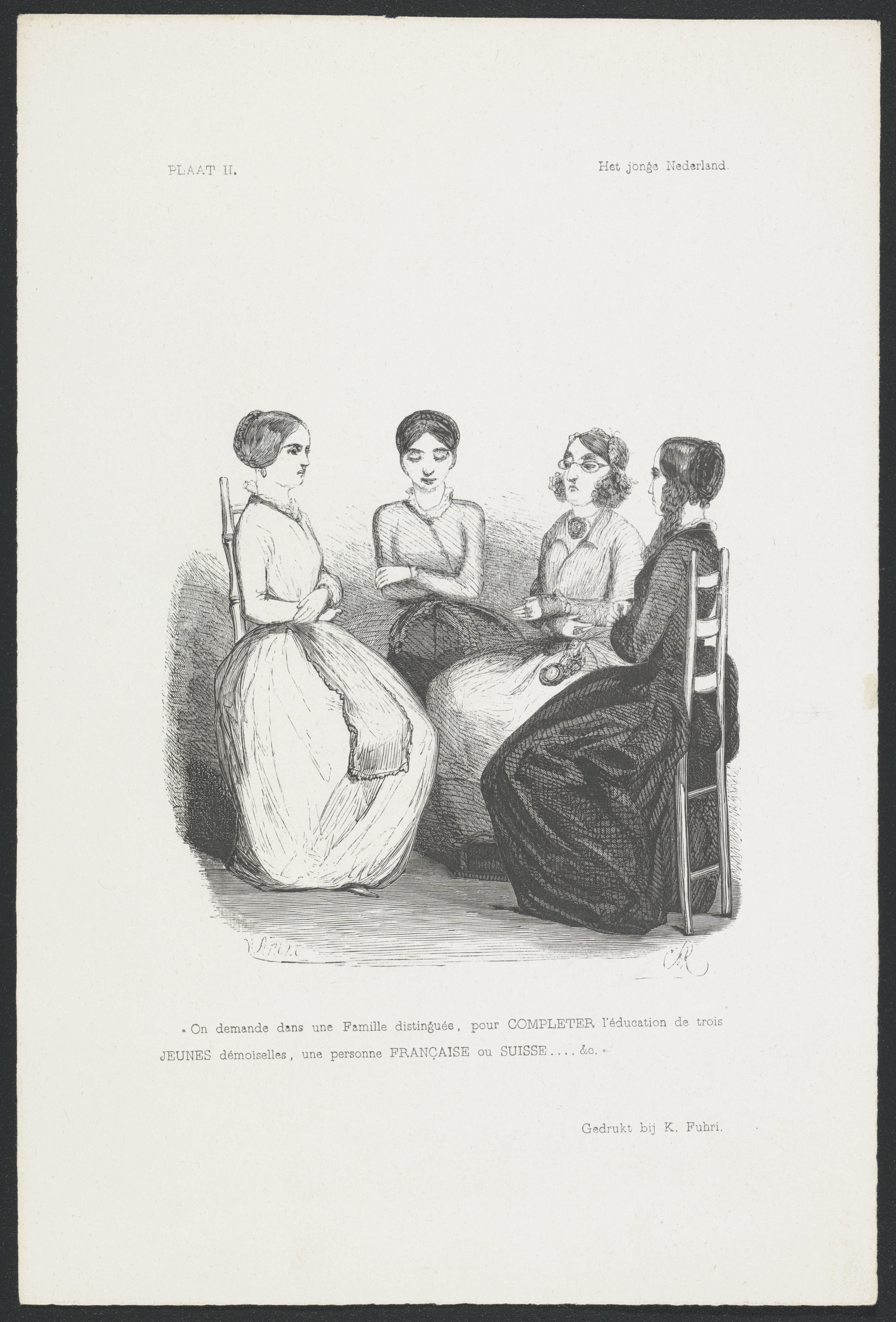 Vier vrouwen bespreken de keuze tussen een Zwitserse en een Franse gouvernante voor drie meisjes uit een voorname familie