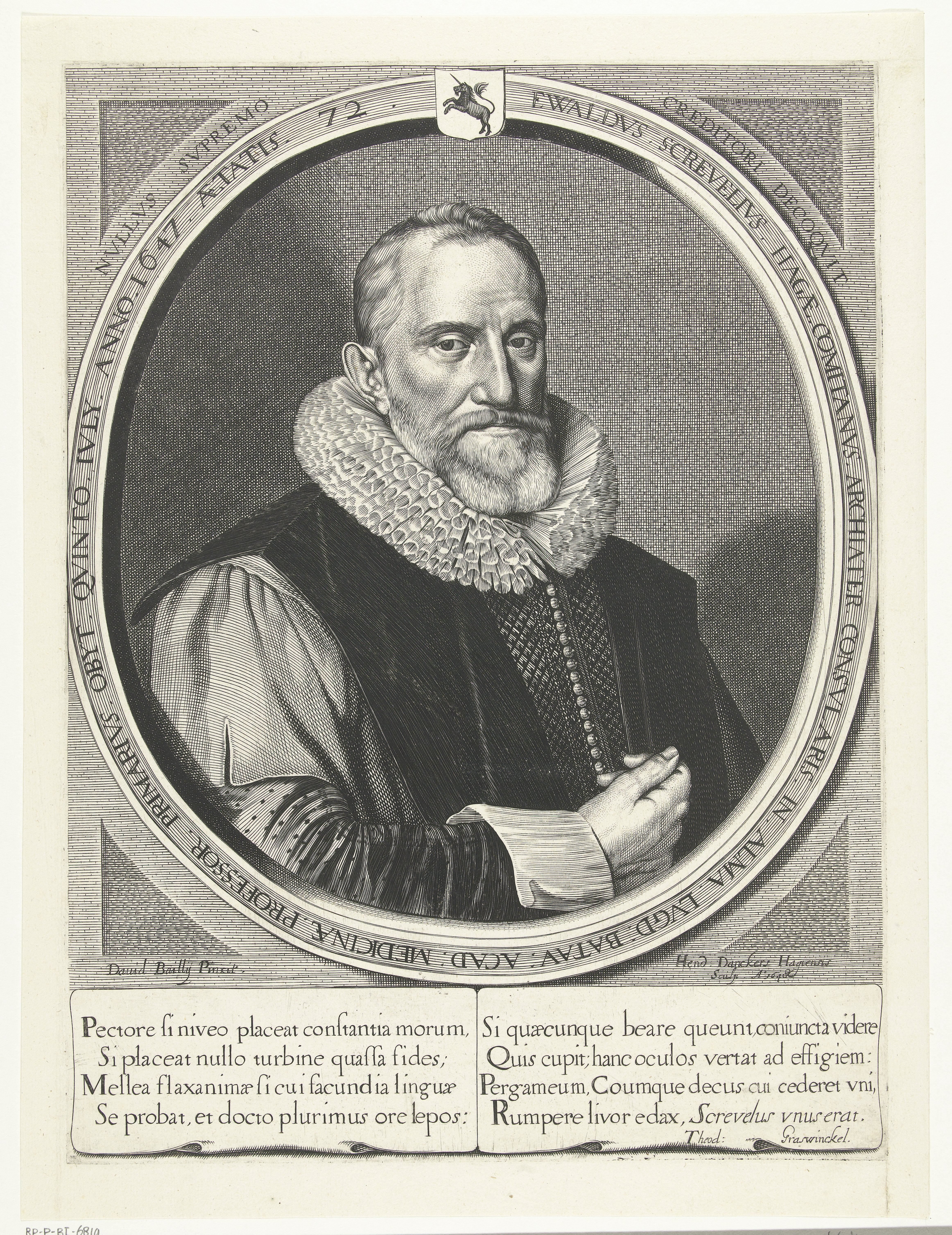Portret van Ewaldus Screvelius op 72-jarige leeftijd in ovaal