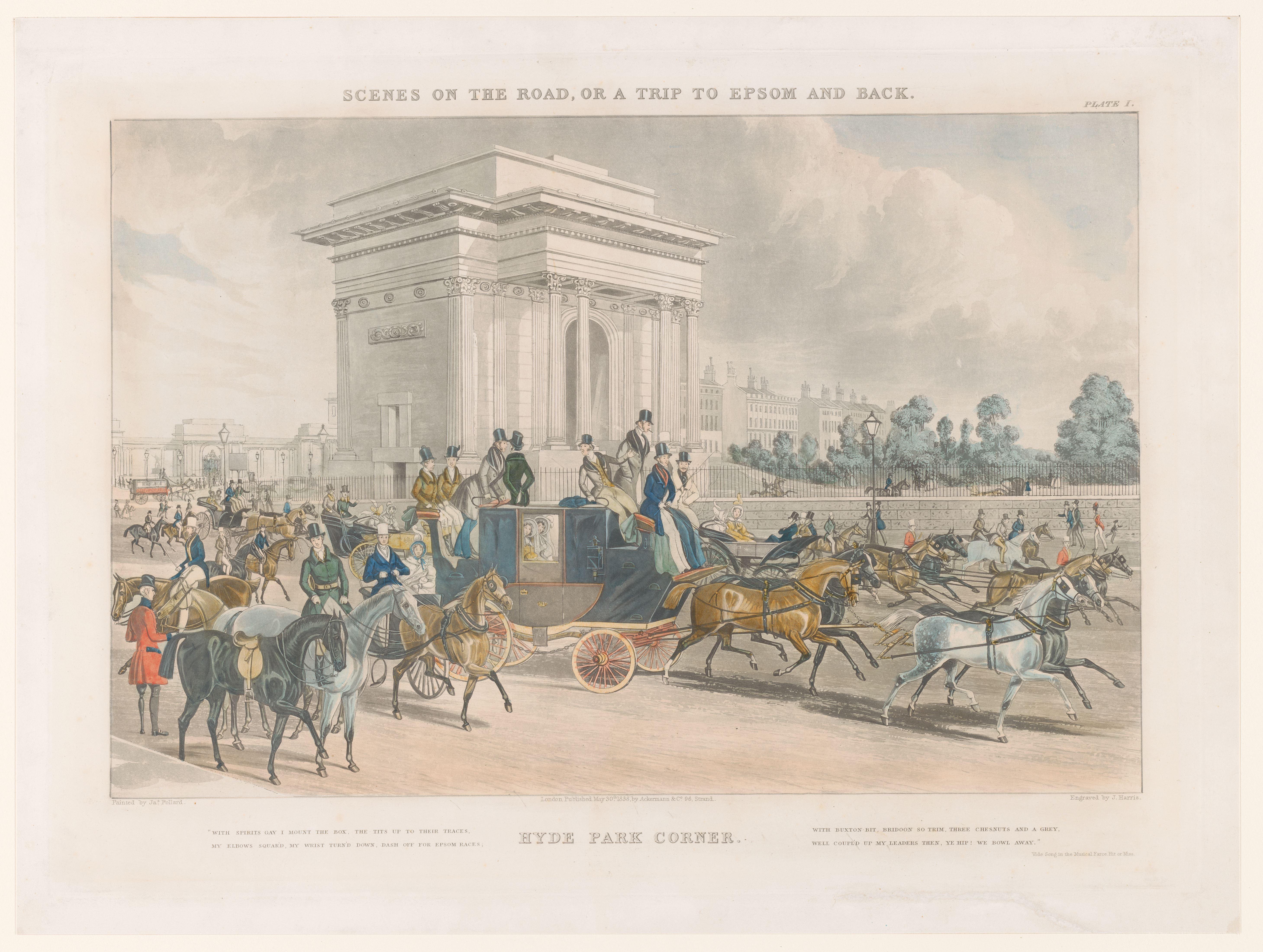 Gezicht op een straat en Wellington Arch op Hyde Park Corner