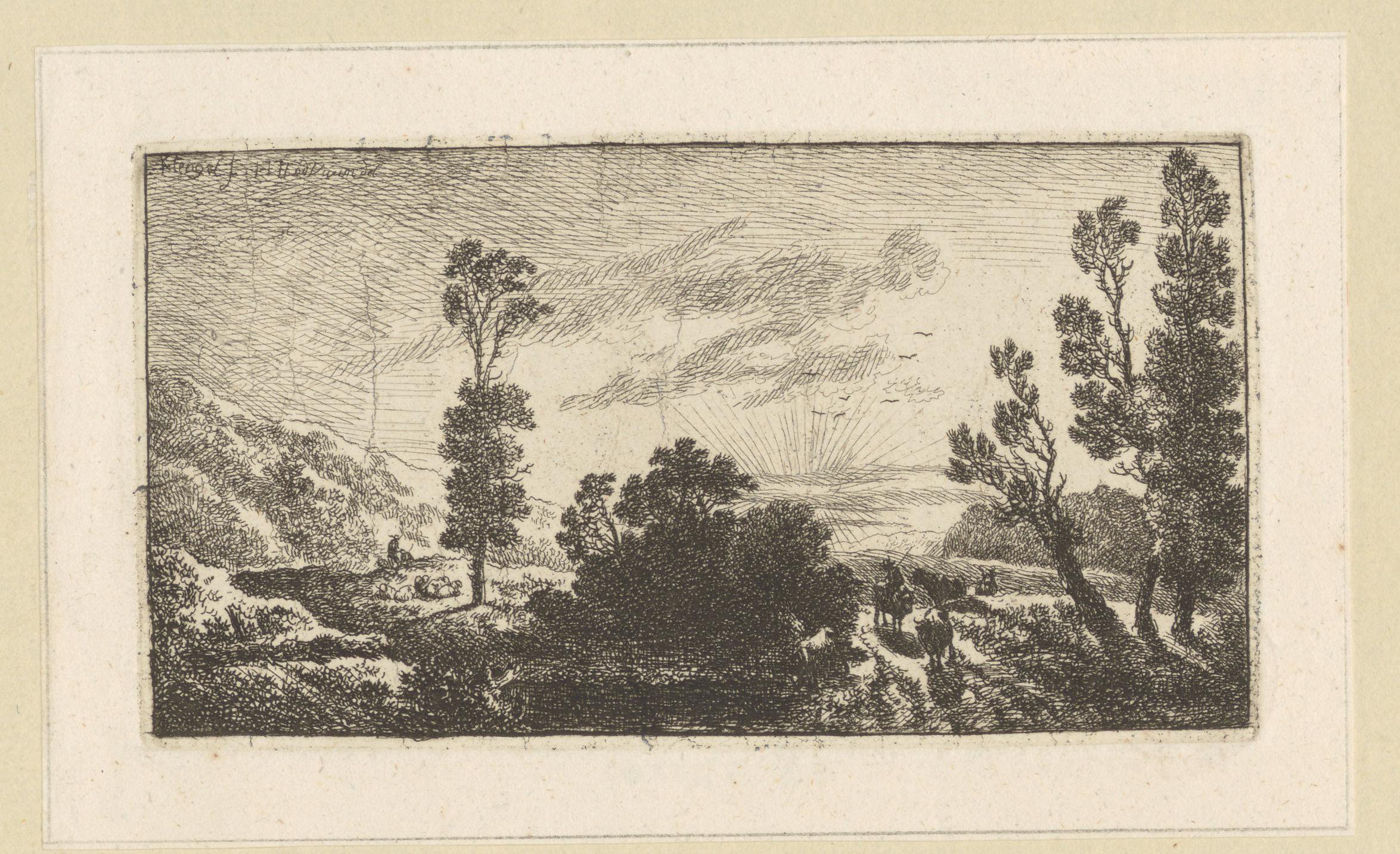 Landschap met herders en vee bij zonsondergang