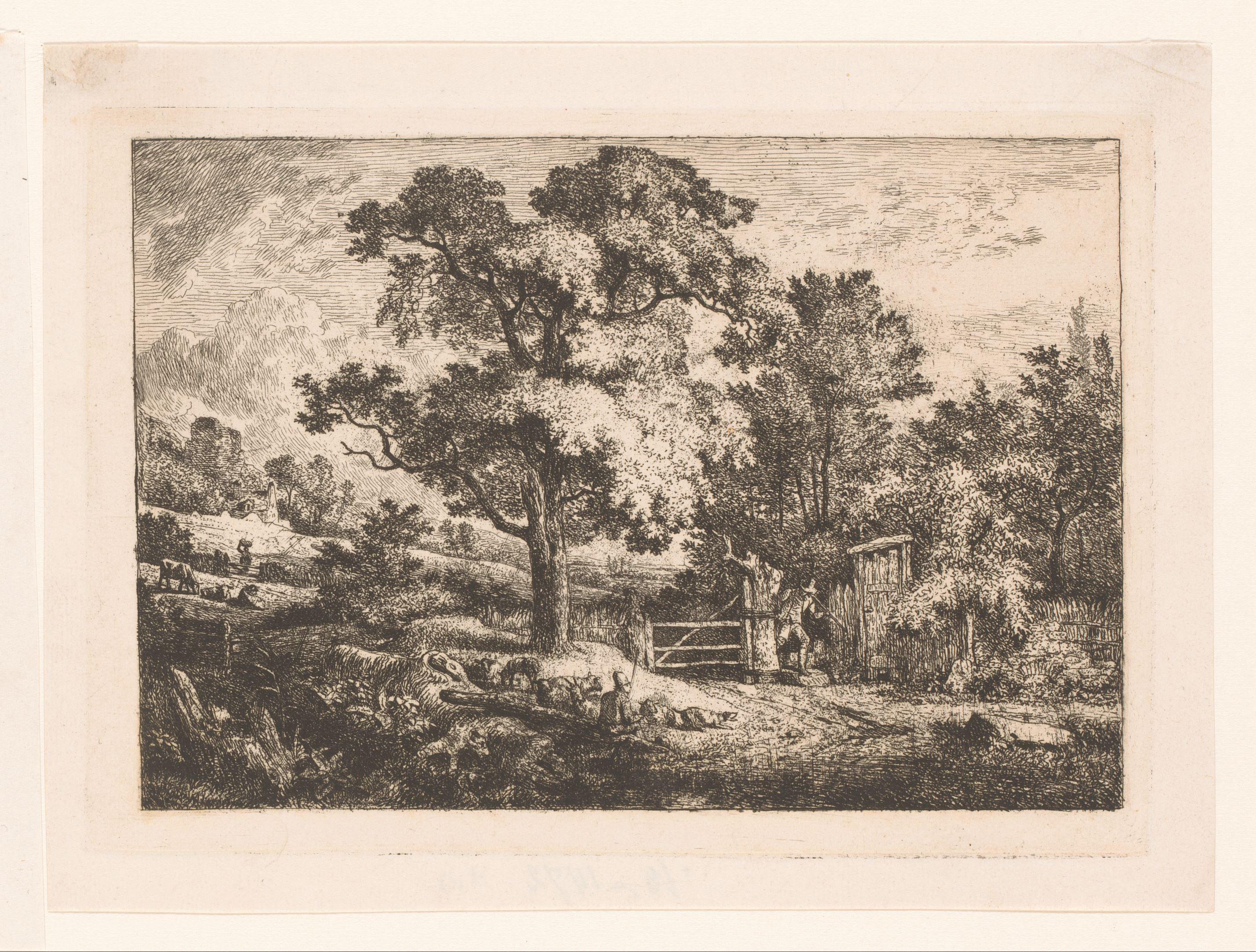Landschap met hekwerk en herders met vee