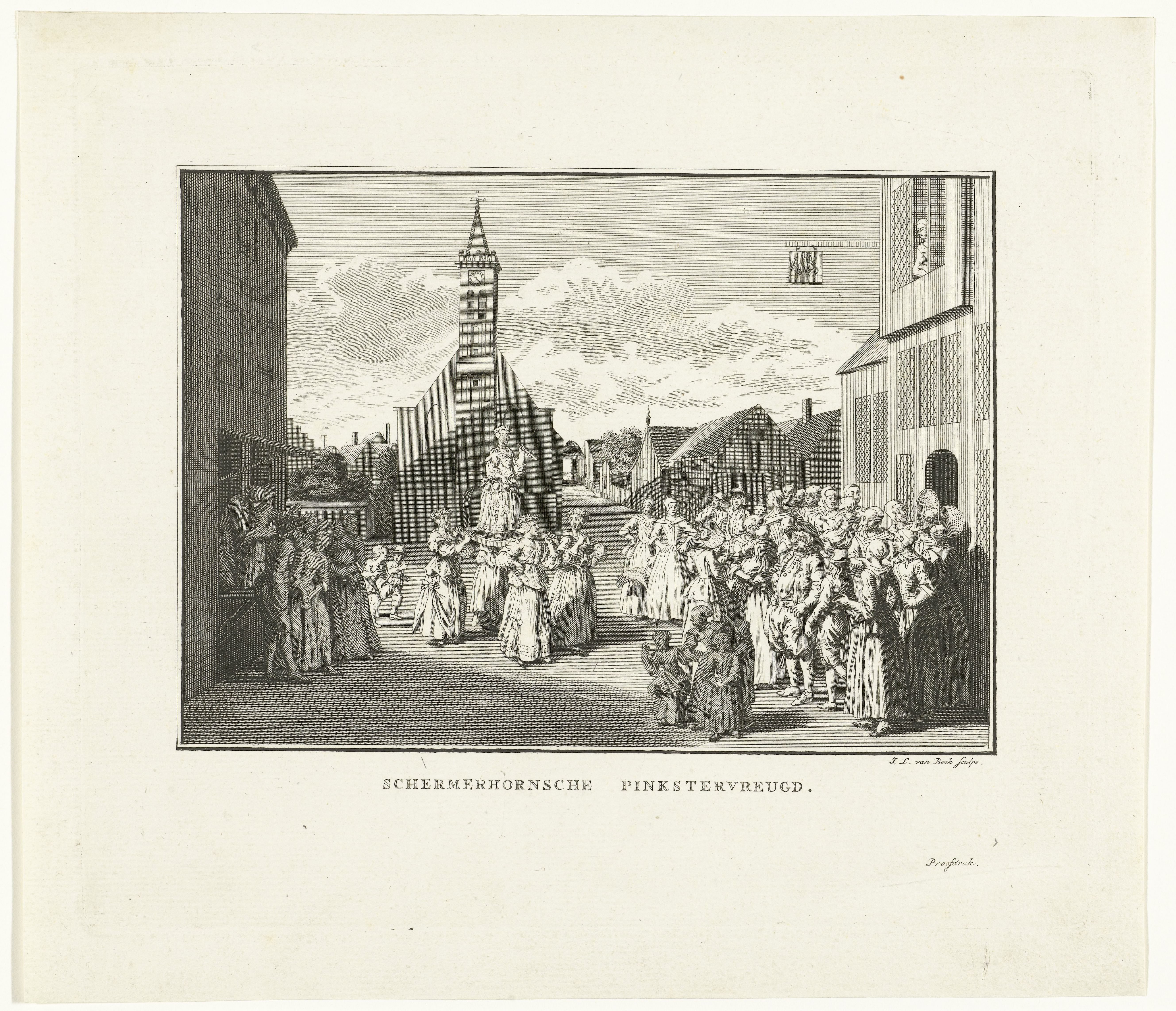 Meisje met fluit (Pinksterblom) op baar gedragen door vier meisjes tijdens Pinksterfeest in Schermerhorn