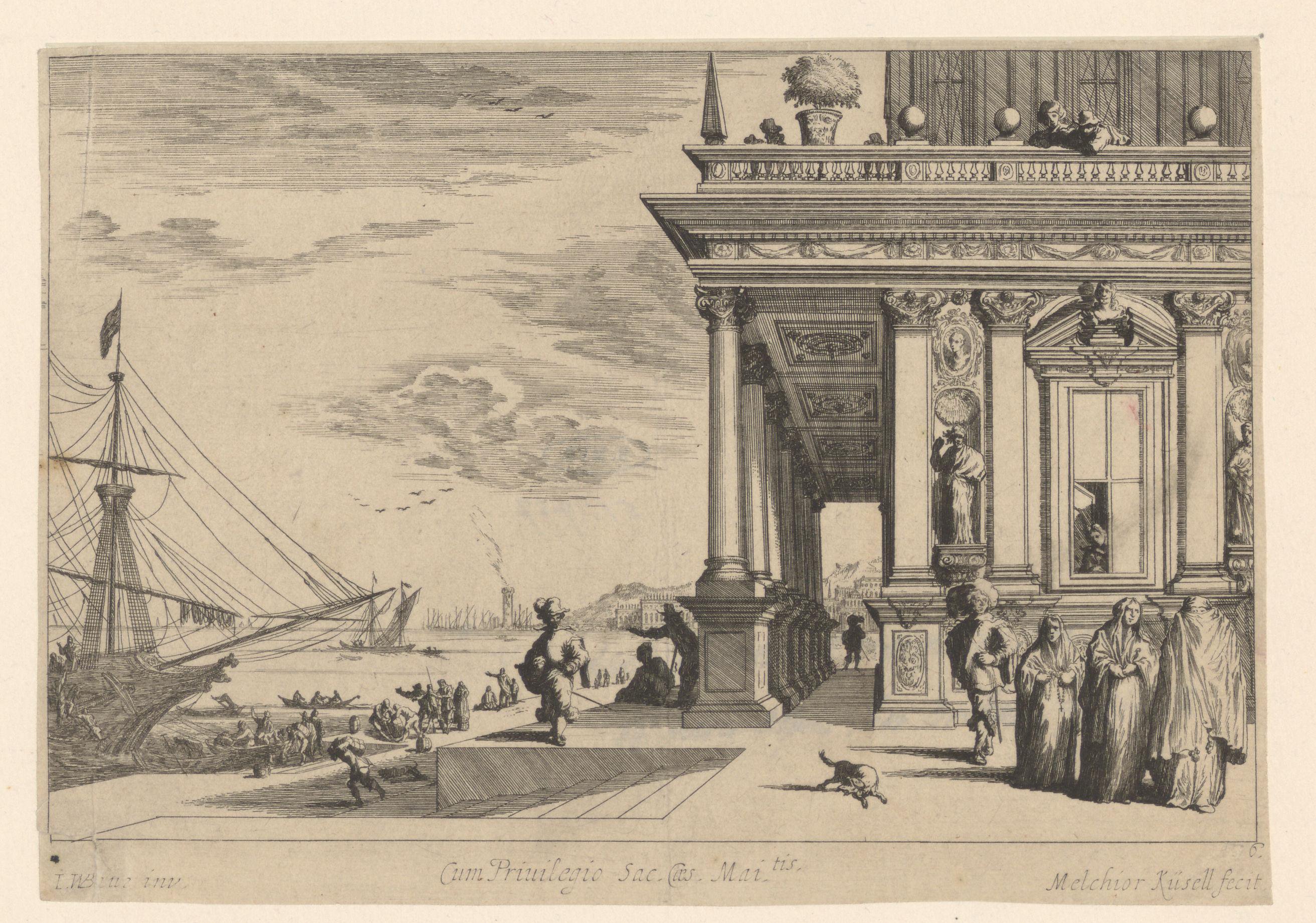 Klassiek gebouw met zuilengalerij en trap aan een pier