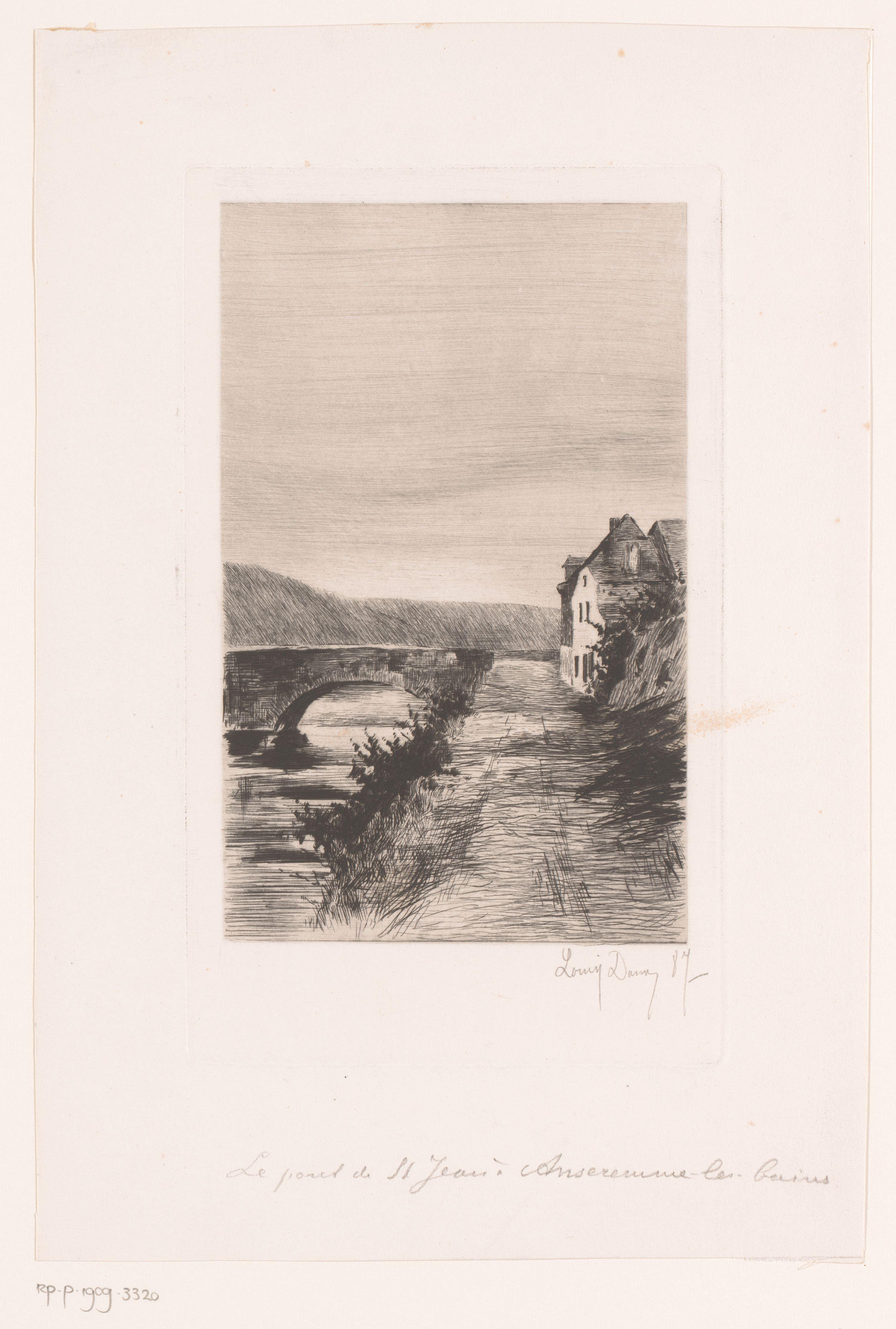 Dorpsgezicht met een stenen brug over een rivier