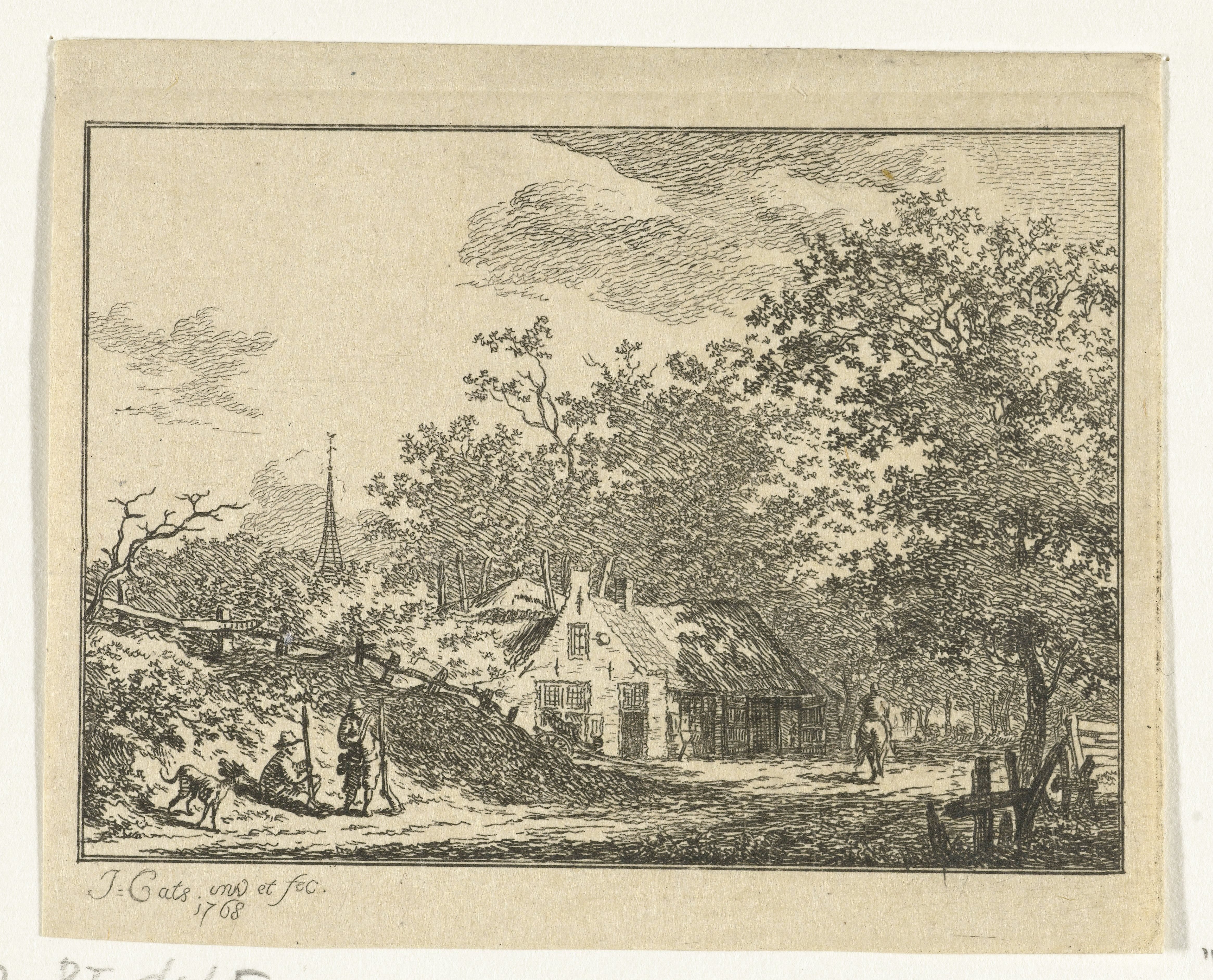Landschap met twee jagers langs de weg