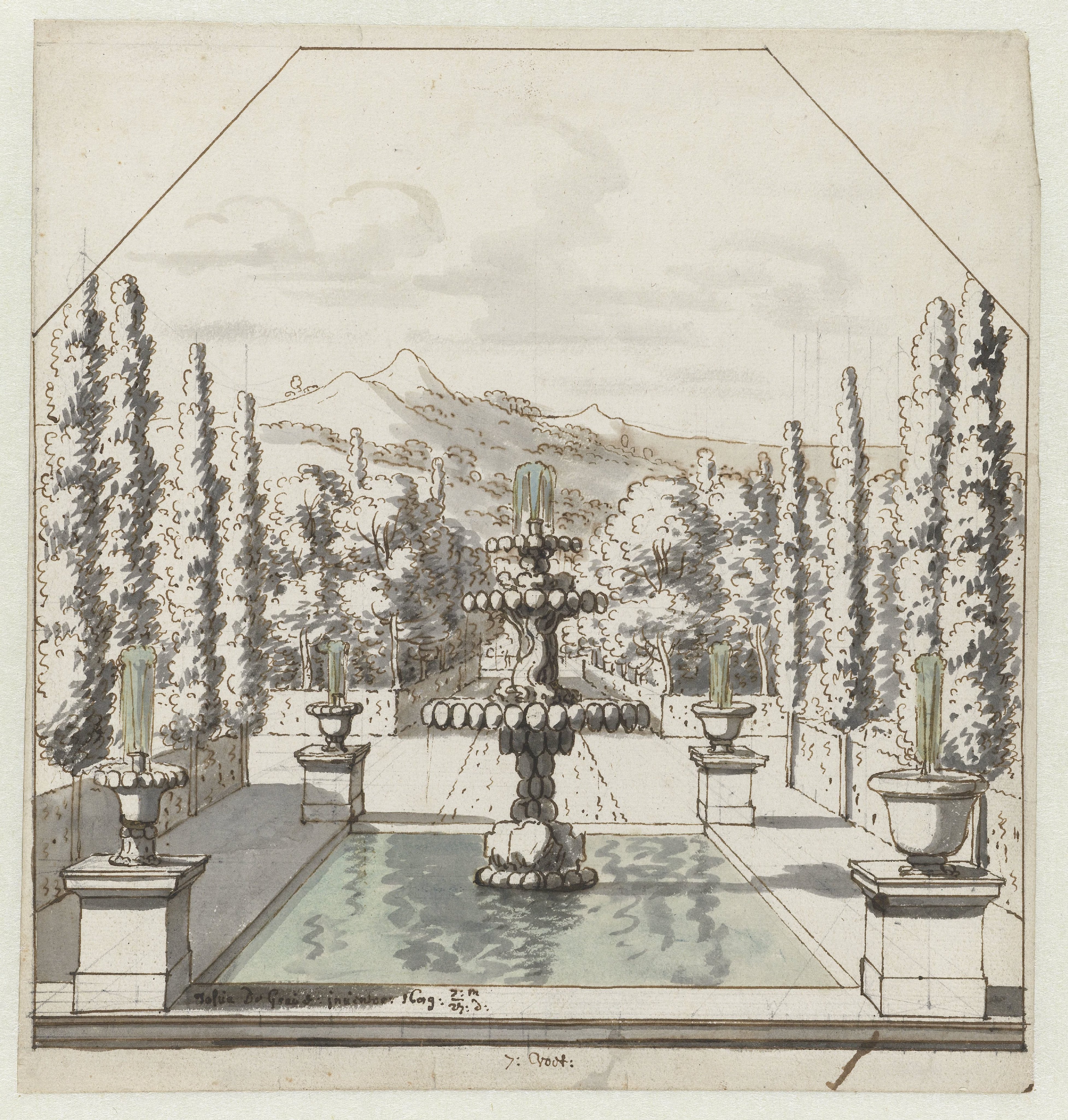 Imaginary Italianate Landscape with a Formal Garden Pond and Fountain